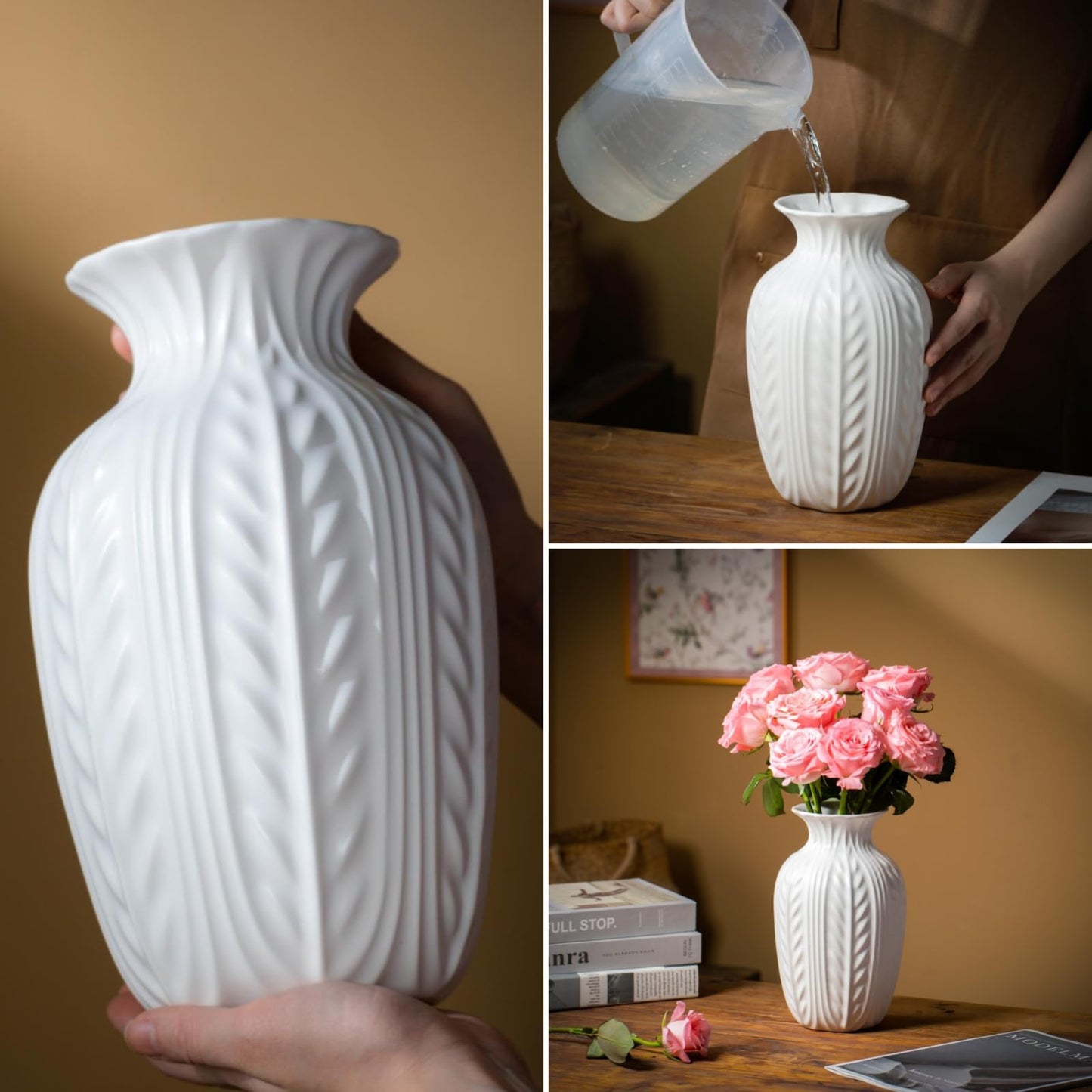 Lvases 10in Wheat Textured White Ceramic Flowers Vase Modern Home Decor