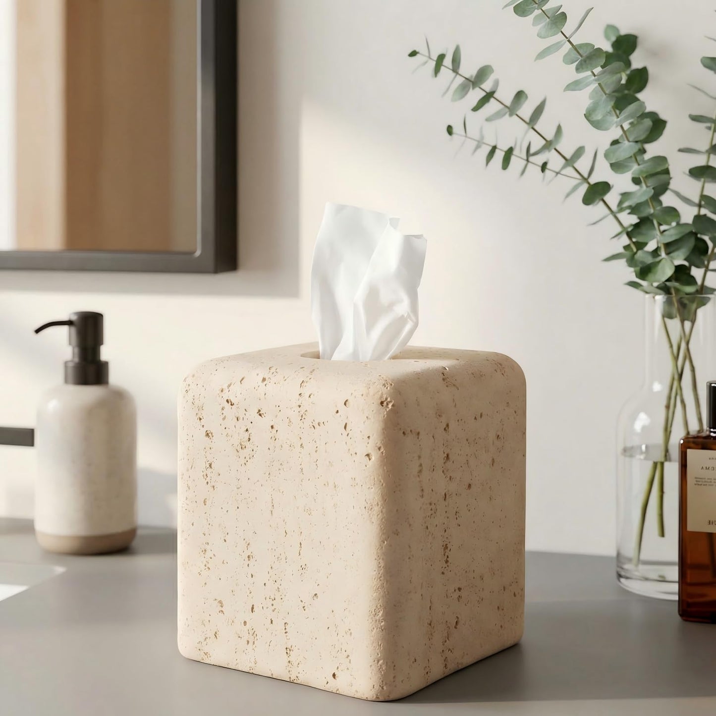 Weighted Travertine Stone Composite Tissue Box Cover Square with Anti-Slip Pads – Artisanal Stone Tissue Holder & Tissue Box Holder for Bathroom, Living Room & Office, Rounded Corners