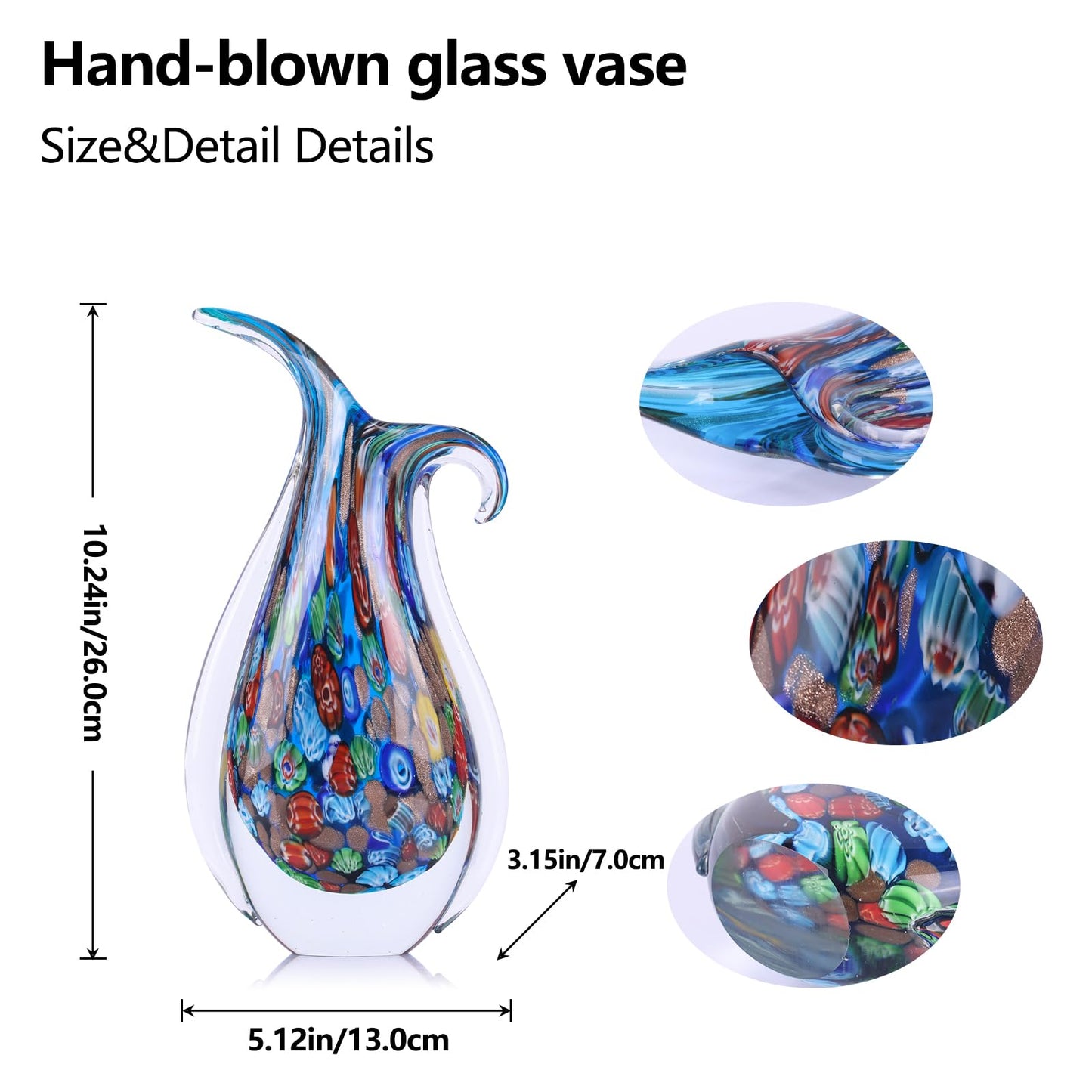 GrivSheen Hand Blown Glass Vase for Centerpiece, Murano Style Table Decoration, Blue Blown Art Glass Ellipse Flower Vase, Single Stem Beautiful Decor for Home, Beachy Room Decor for Home Shelf