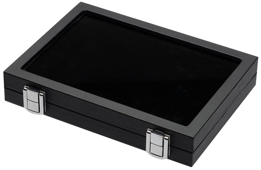 Giftop Jewelry Display Case Tempered Glass Top Lid Black Leatherette,Gemstone Display Case Jewelry Storage Box with Metal Clasp (Half-Size)