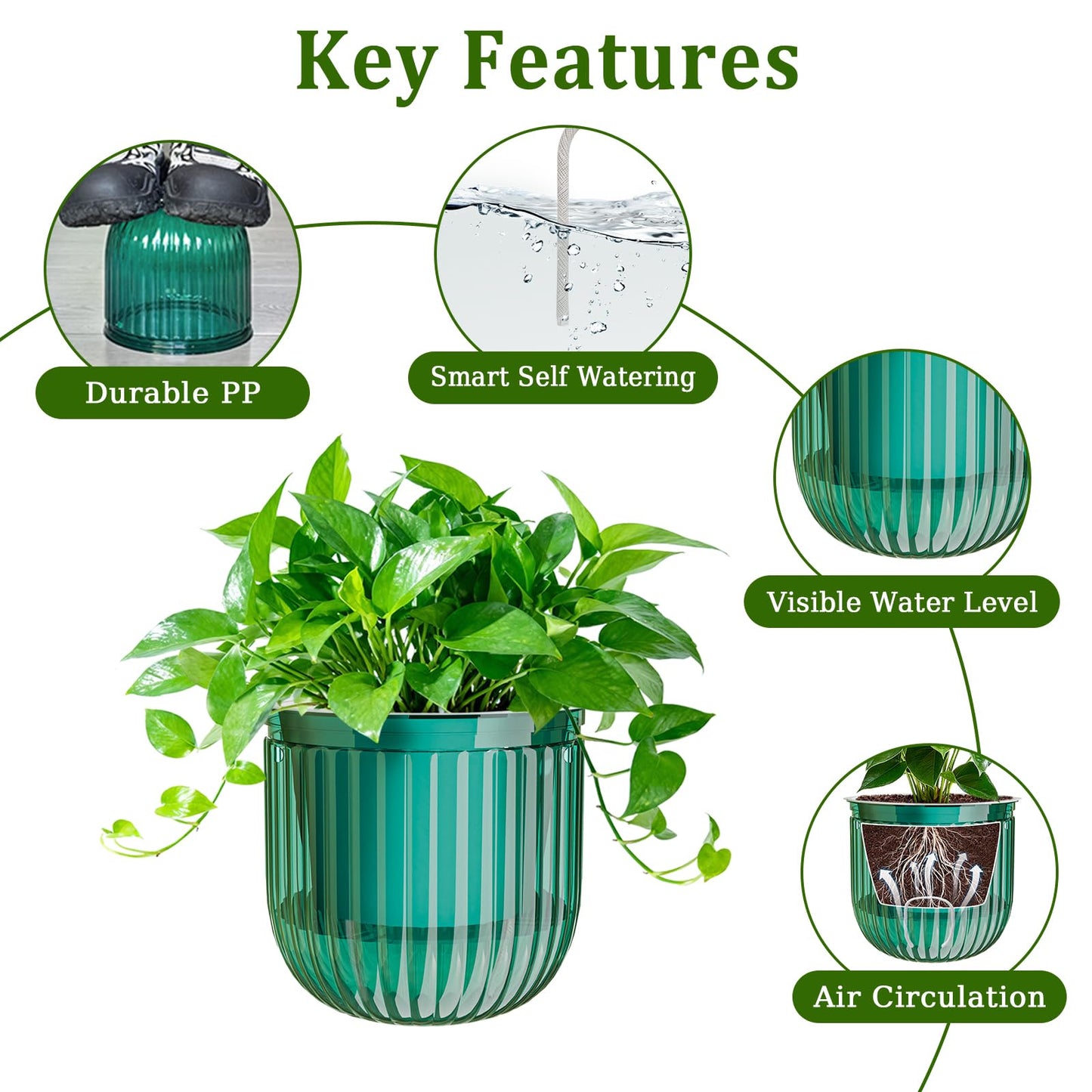 Halatool 2 Pack 6.5 Inch Self-Watering Hanging Planters for Plants, Indoor Hanging Flower Pots for Garden Home Wall Decor, Green