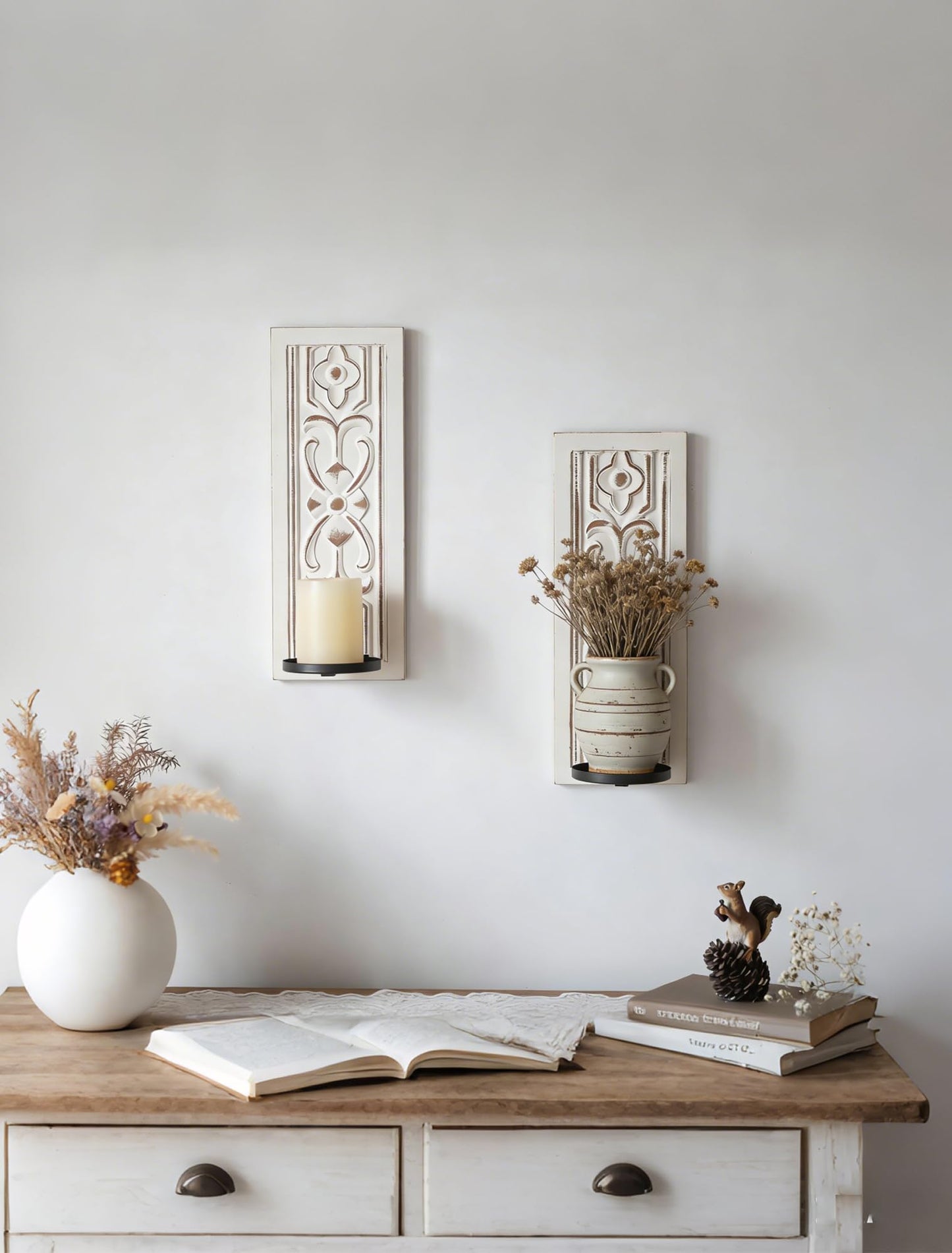 Walasis Rustic Candle Sconces Wall Decor Set of 2 - White Farmhouse Art Distressed Thickened Candles Shelf for Bathroom Bedroom Fireplace - Wood Wall Candle Holders for Pillar Candles Plants