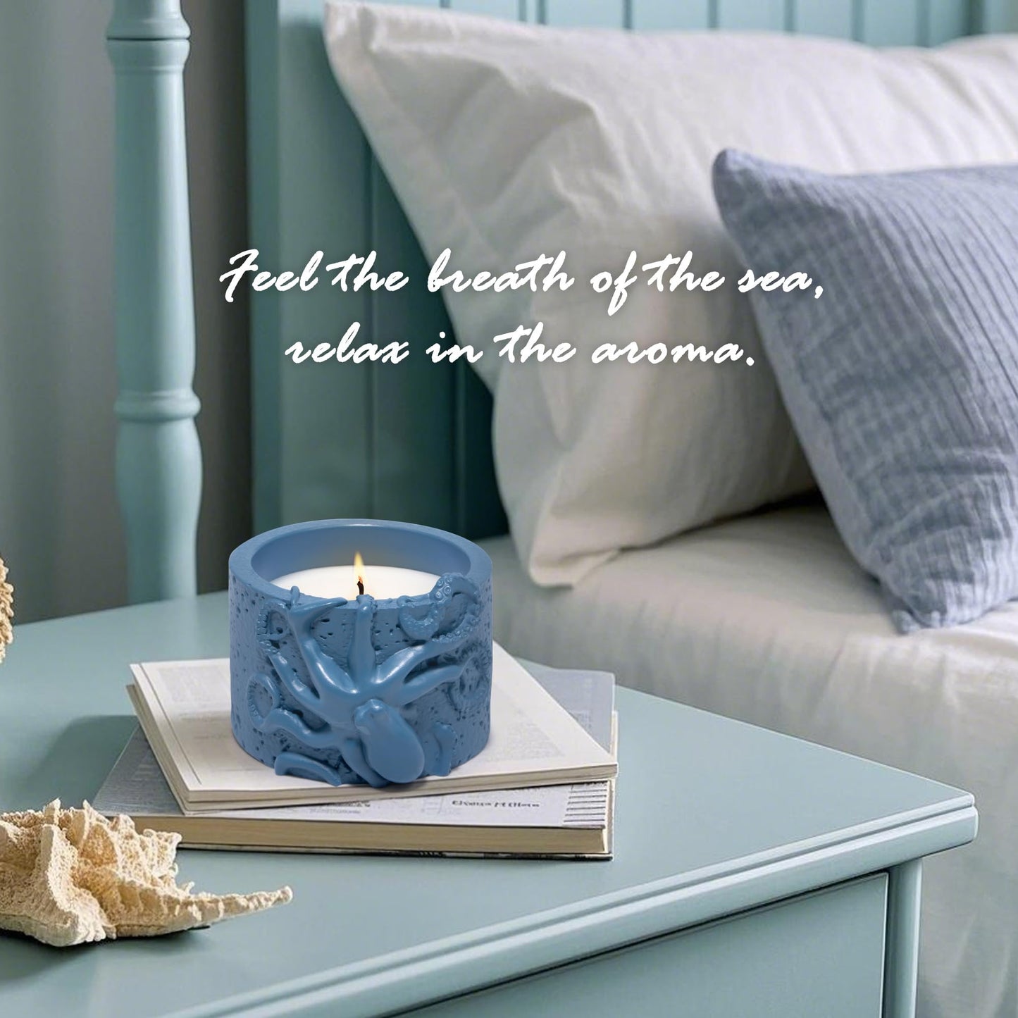 Hodao Oceanic Serenity Handcrafted Aromatherapy Box with Candle & Decor – Beach Rock Sculpture with Sea Turtle, Seashells, for Home, Bathroom, Yoga Room Decor (Blue-Octopus)