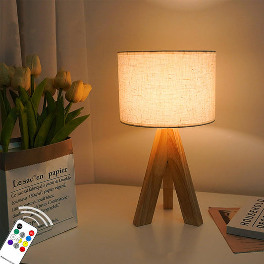 Tripod Table Lamp, Small Cute Bedside Lamp with Linen Beige Lampshade, Nightstand Lamp for Nursery, Bedroom, Kid Room, Living Room, Light Brown Wooden Base, E26 Socket, 12.8Inch, 3000K, 4500K, 6000K
