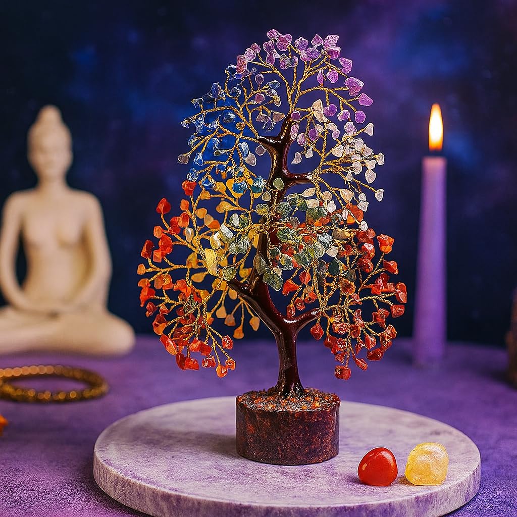 SoulRoot 7 Chakra Crystal Tree of Life, 300 Bead Gemstone Money Tree, Handmade Feng Shui Crystal Tree for Home Decor, Positive Energy, Wealth and Prosperity