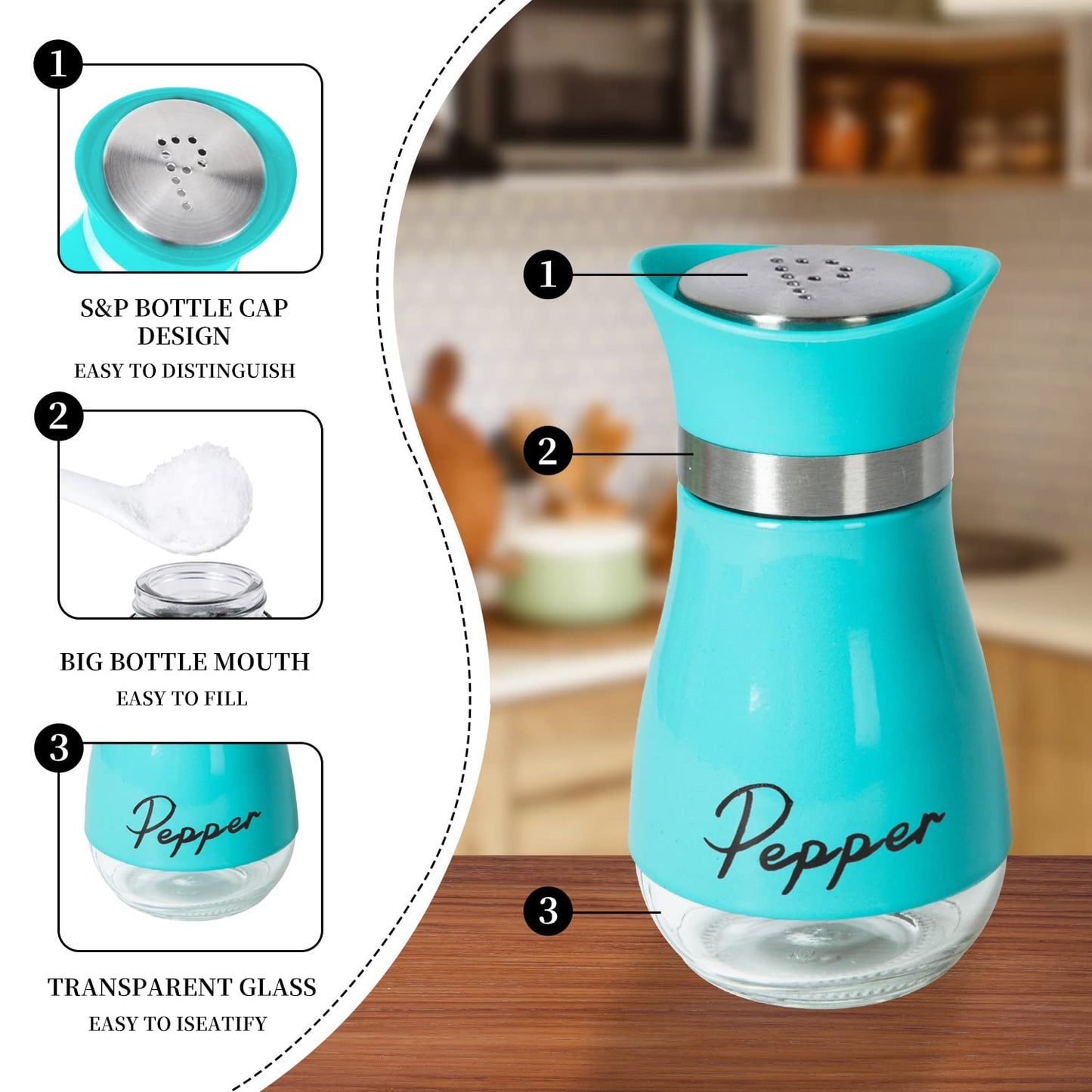 2 Pack Salt and Pepper Shakers Set, Refillable Salt Pepper with Stainless Steel Lid Container Spice Shakers Bottle for Home Kitchen, Restaurant, Picnic (Blue)