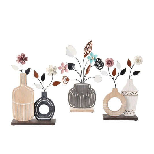 Deco 79 Wooden Floral Decorative Sculpture Patterned Vase Home Decor Statues with Metal Accents, Set of 3 Accent Figurines 18", 15", 15"H, Multi Colored