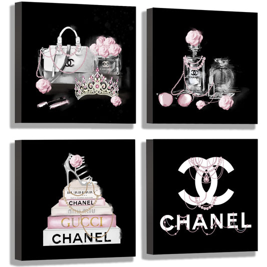 Meetdeceny Black And White Wall Art/Pink Book Pictures Room Decor for Teen Girls/Women Handbag Perfume Wall Decor for Living Room/Fashion Canvas Artwork Size 10"x 10"x 4 Pieces