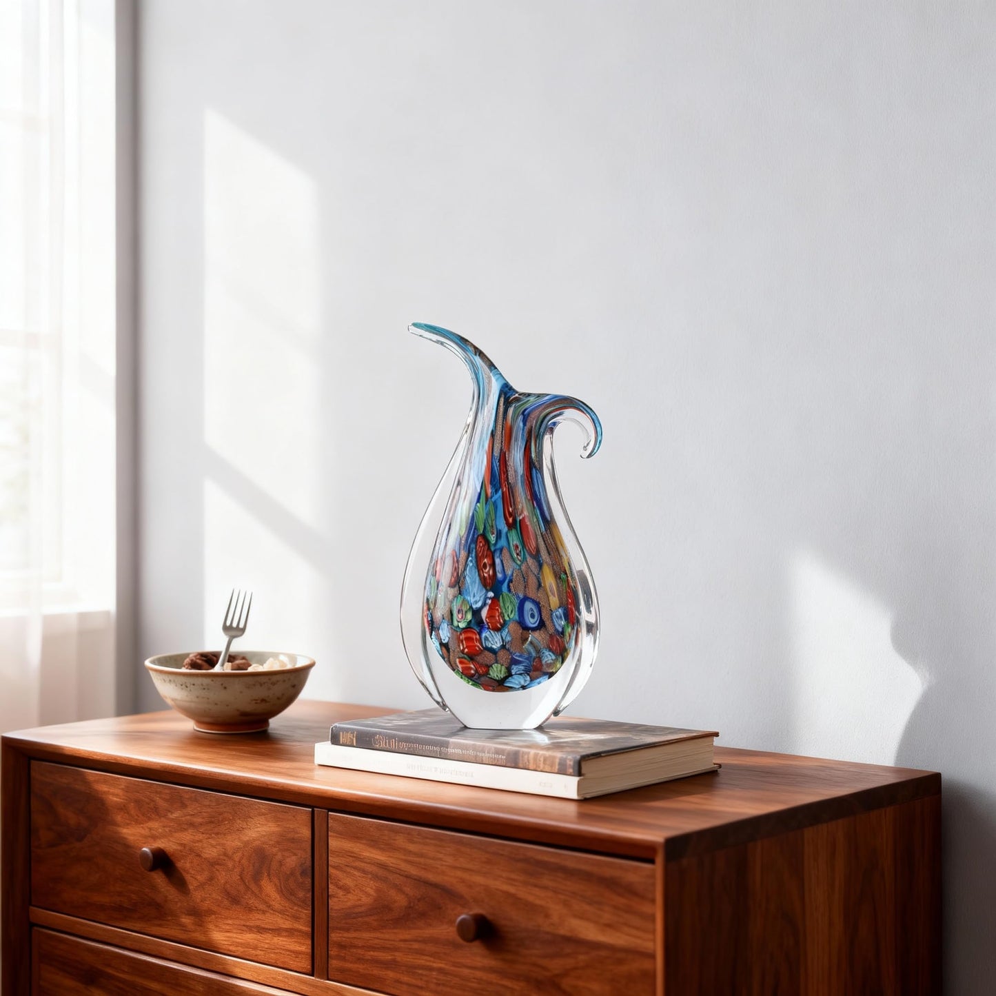 Blown Glass Painted vase, a Unique Murano-Style Glass Decorative Art Piece, Suitable for Living Room TV cabinets, Dining Table Arrangements, Offices, Rooms, and Tabletop Decorative Accents. (Blue)