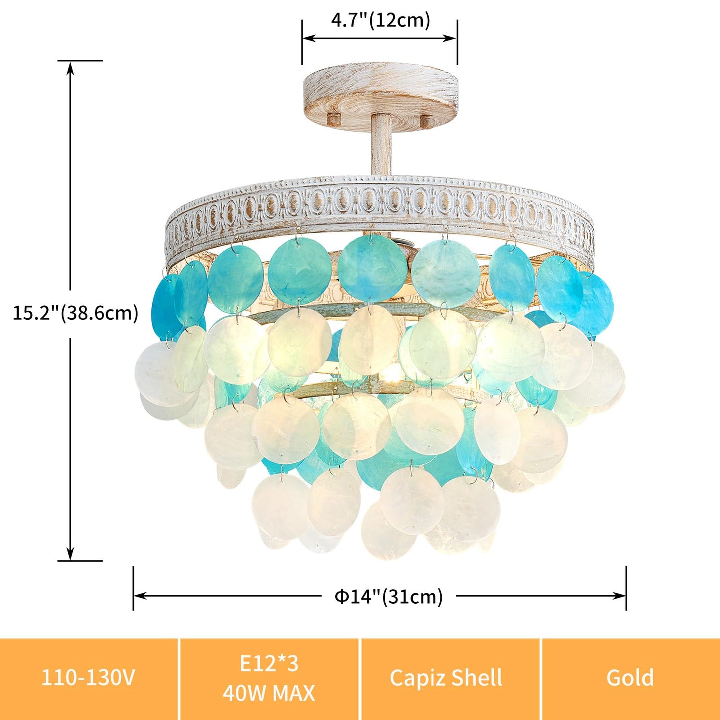 ElegLumi Capiz Shell Ceiling Light, 3-Light Gold Capiz Shell Close to Ceiling Light Fixture for Dining Room, Bedroom, Hallway, D13 × H13inch, Vintage White Finish Frame & Blue Capiz Shell