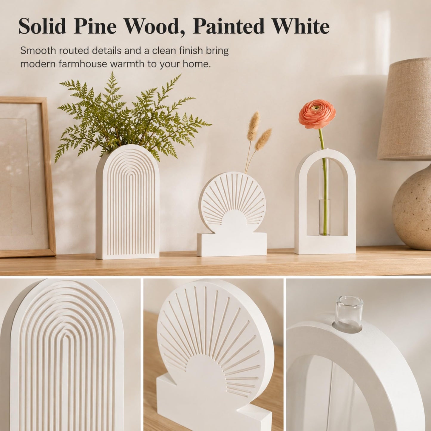 TBWIND White Wooden Wall Vases for Flowers Set of 3, Propagation Planter with 2 Glass Tubes, Modern Farmhouse Hanging Wood Decor for Living Room, Entryway