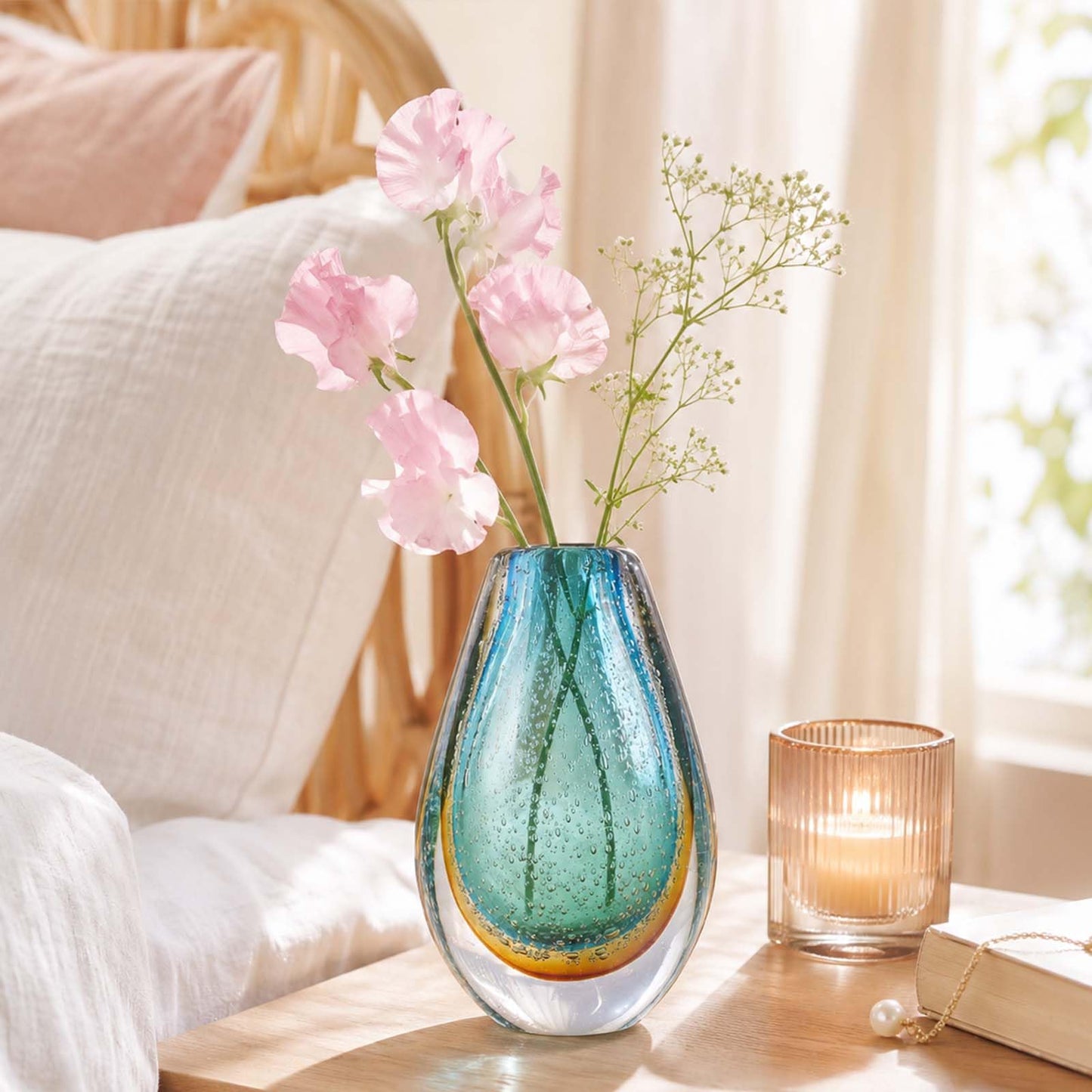 Decorative Glass Flower Vases Blown Vase for Home Decor Living Room Dining Room Shelf Mantel Tabletop Centerpiece Modern Art Deco Style Unique (Green)