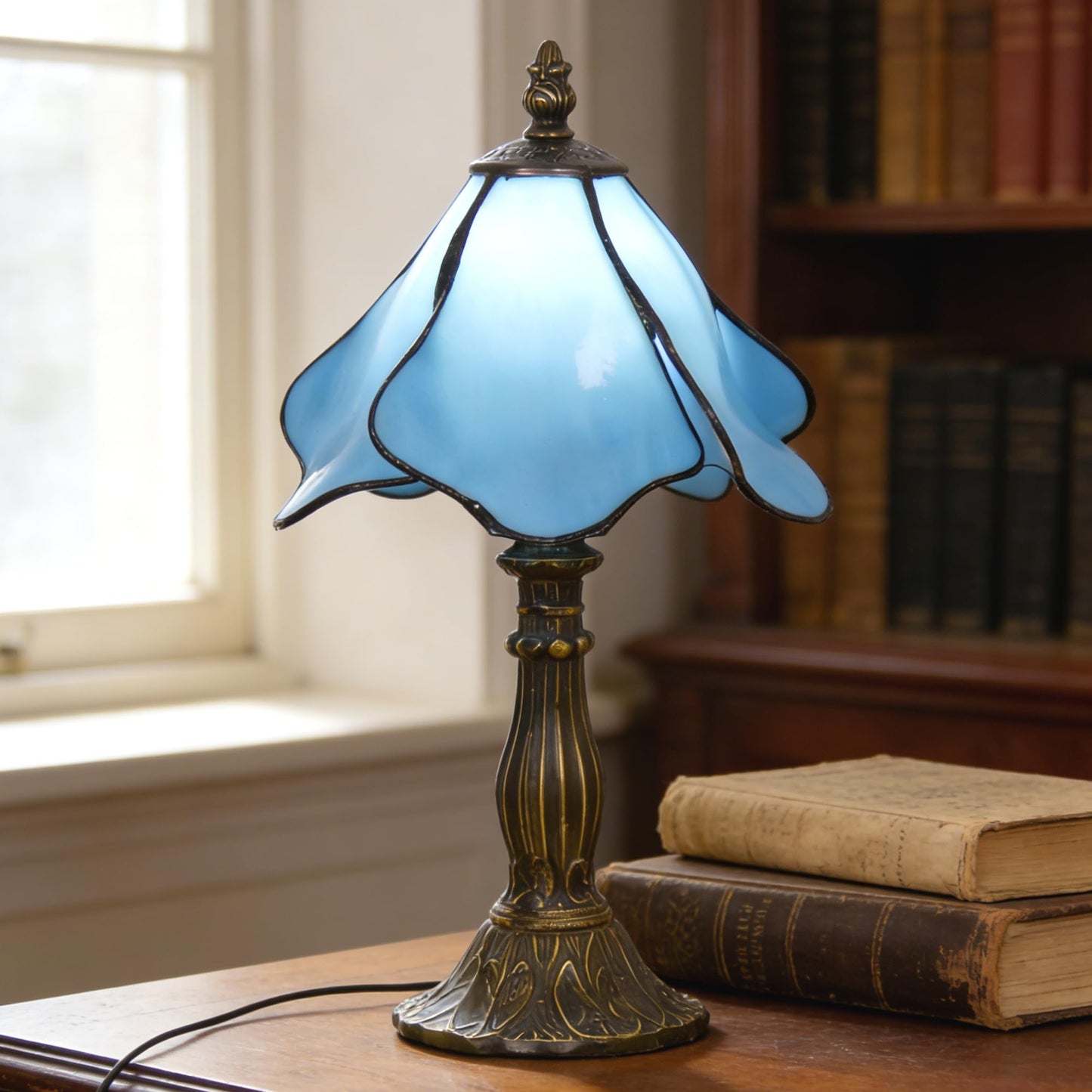 WFAYNTIFL Small Tiffany Table Lamp Blue Morning Glory Style W8H14.5 Inch