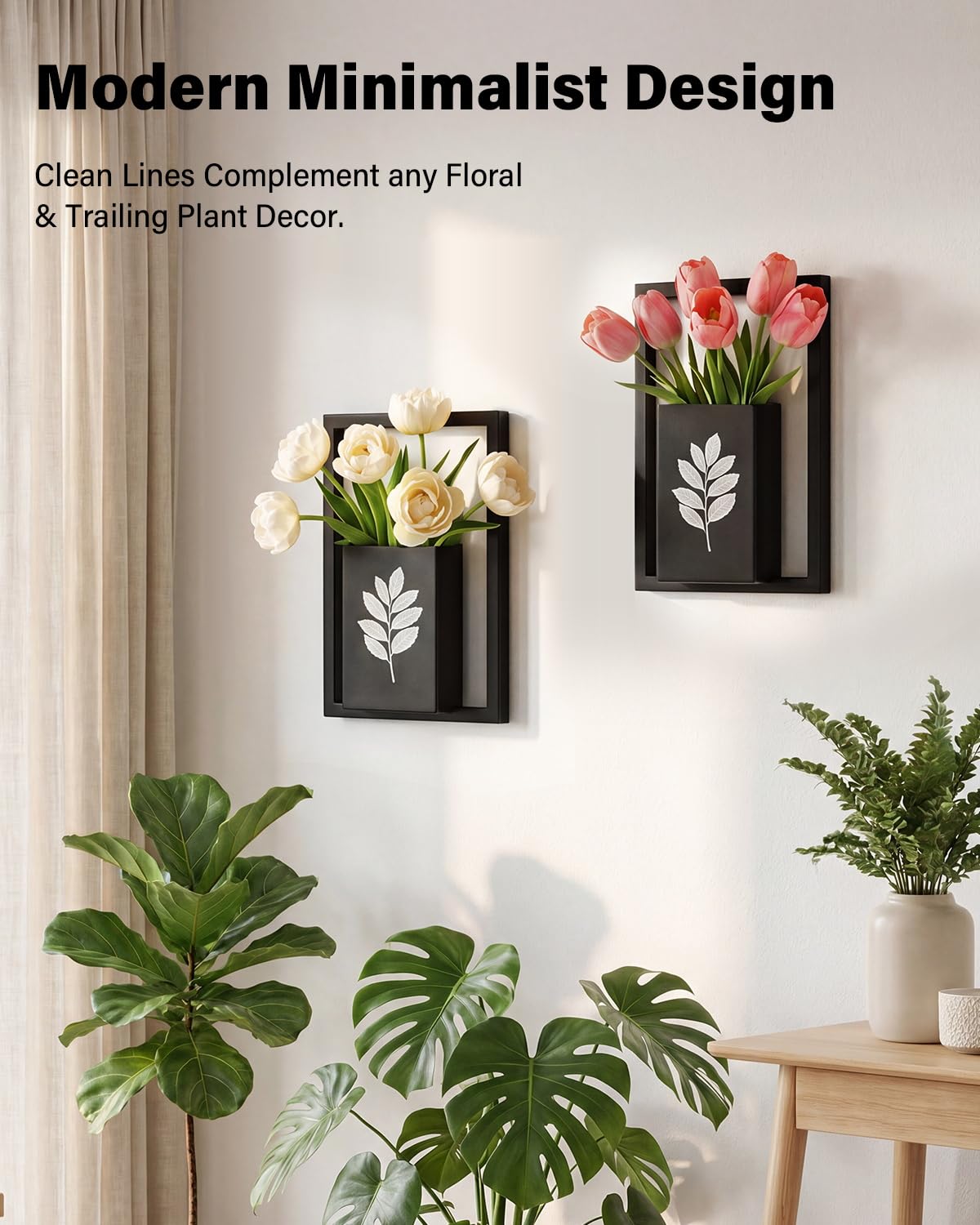 Hoolicute Wall Planter Vase Set of 2 - Black Metal Hanging Planter for Indoor Plants & Flowers, Frame Wall Mounted Planter for Art Home Wall Decor for Living Room, Bedroom, Bathroom, Entryway, Hallway
