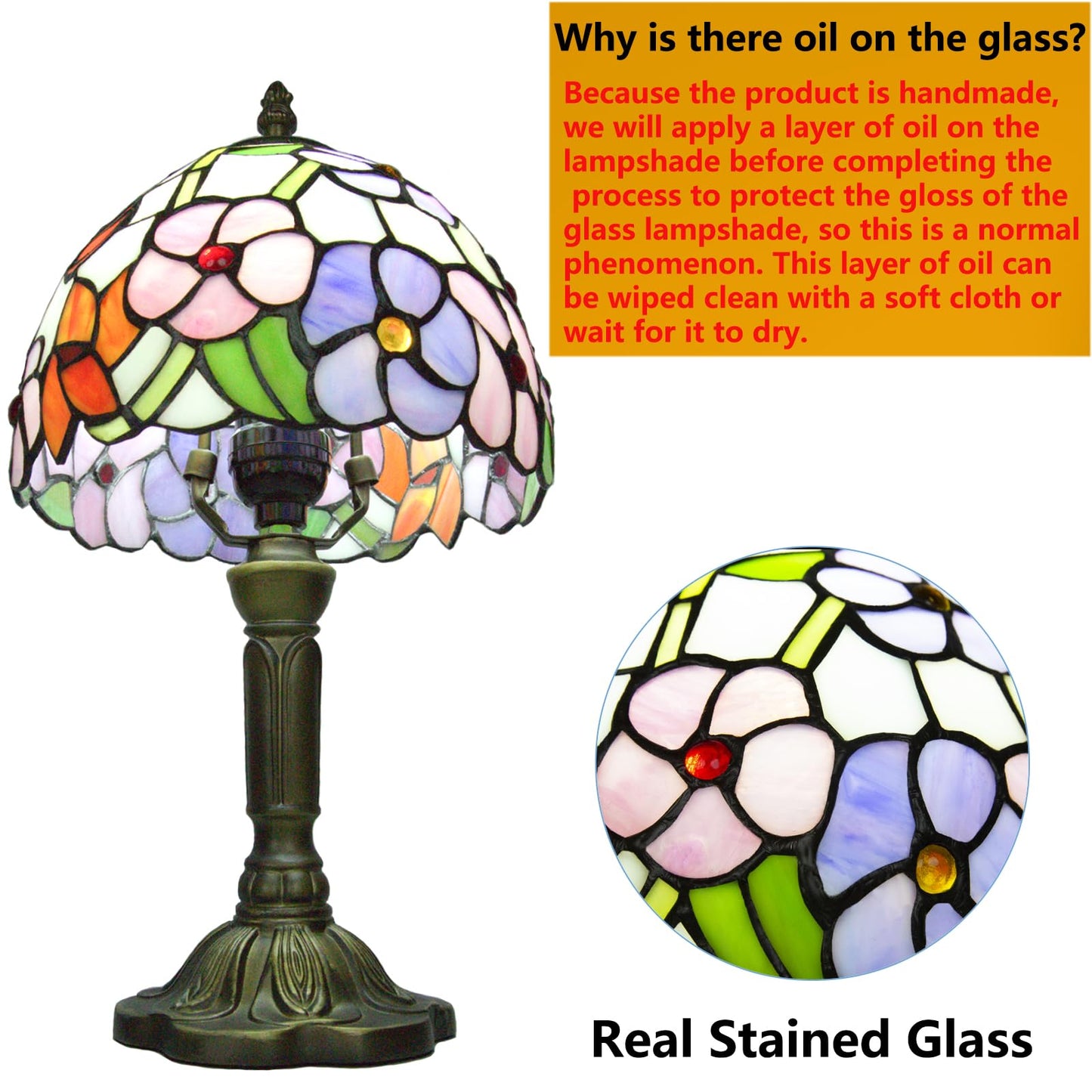 Crefotu Tiffany Style Table Lamp, 3 Color Temperatures Bedside Lamp, 8 Inch Stained Glass Desk Light for Home Office Bedroom Living Room (Four-Leaf Flower Pattern)