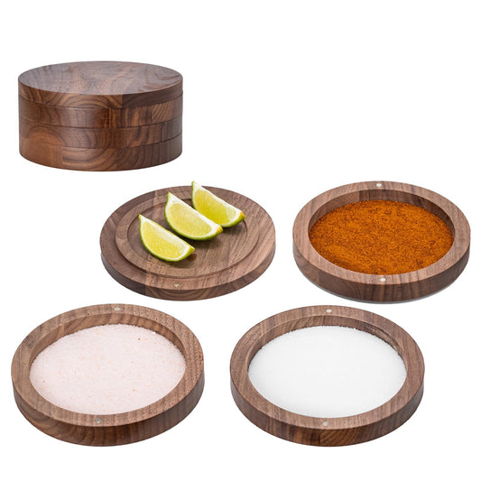 USEEKRIL 1 Pack 3-Tier Walnut Wooden Margarita Salt Rimmer Set,Salt&Sugar Rimmer for Cocktails Drinks,Cocktail Glass Rimmer Tools with Magnetic Swivel Lid for Bartenders,Home Bar,Parties