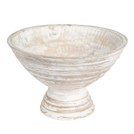 Creative Co-Op Boho Wood Pedestal Serving Bowl, White Wash Finish