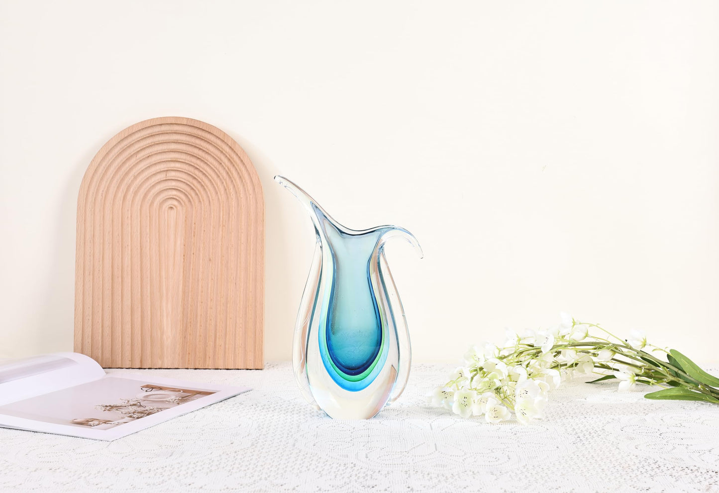Blown Glass vase, Unique Murano Style Glass Art Deco vase for Living Room TV Stand, Table Setting, Office, Room and Desktop Decorations and Ornaments.