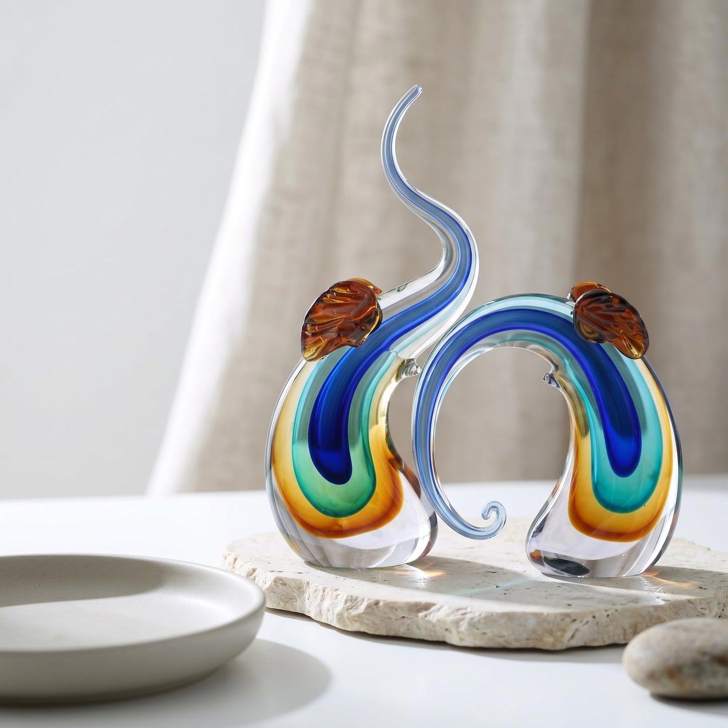 suruim Hand Blown Murano Glass Elephant Statues Set - Luxury Sculptures Home Decor for Living Room & Office Art Glass Ornament Animal Collectible (Blue)