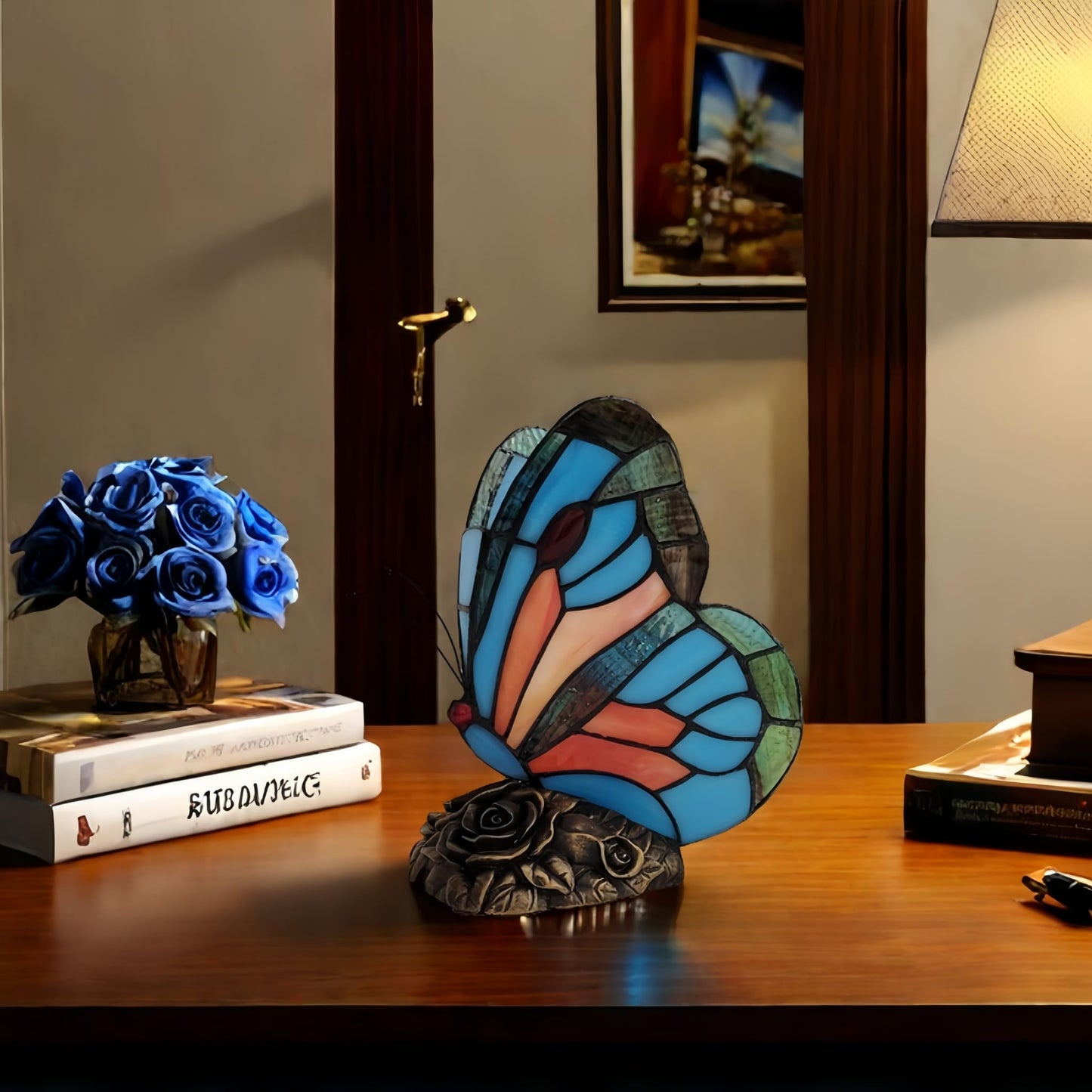 Aotmkj Tiffany Style Bedside Table Lamp Blue Butterfly Rose Nightstand Lamps Stained Glass Shade Home Decor Office Desk Lamp 。