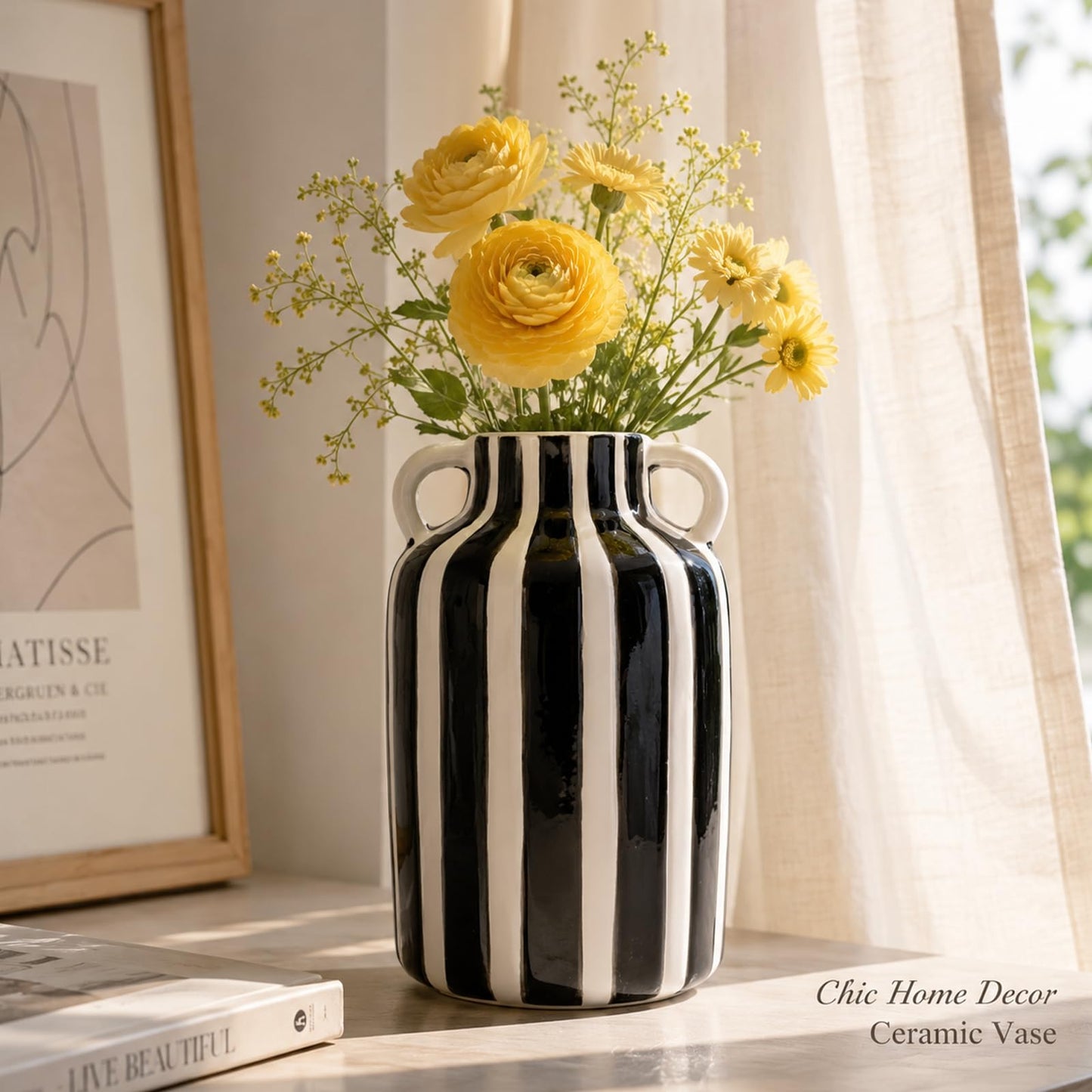 Blue and White Striped Ceramic Vase with Handles, Hand Painted Small Flower Vase for Tabletop Shelf Mantel Kitchen Counter Home Decor, Single Decorative Jar (Black)
