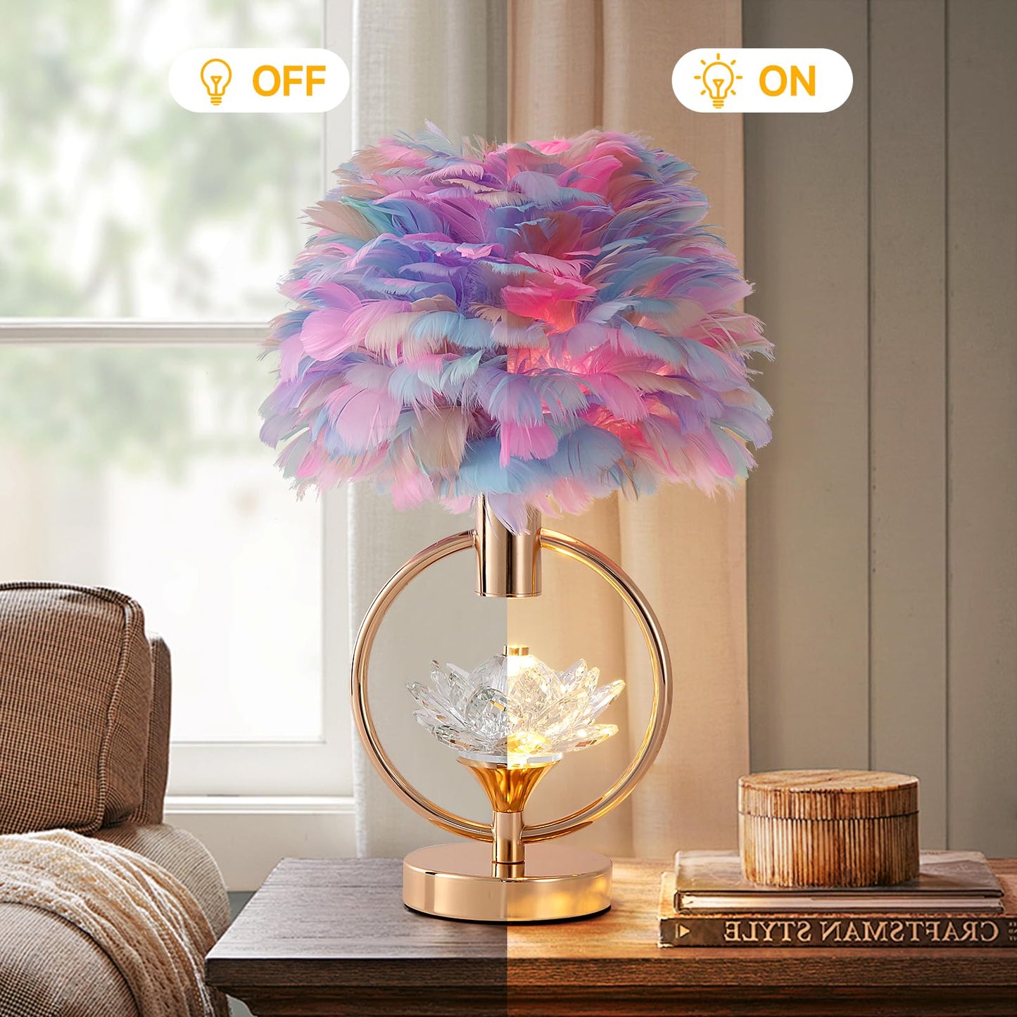 ZYLEISENBAO Colorful Feather Lamp 17IN Unique Crystal Feather Bedside Nightstand Lamp Nordic Romantic Desk Light Fluffy Table Lamp for Girl Bedroom Wedding Christmas Gift Deco Living Room Entry