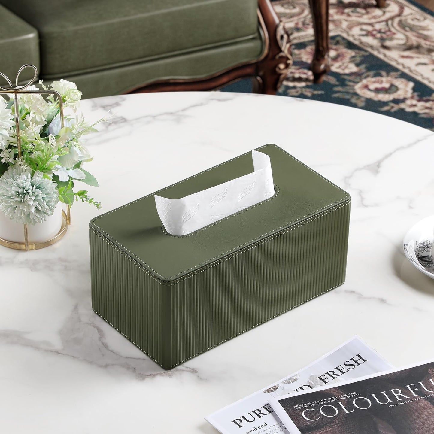 Cretkhp PU Leather Tissue Box Cover Rectangle with Magnetic Closure, Modern Tissue Box Holder for Bathroom NightStands Livingroom, Decorative Tissue Holder for 120(3-Ply)/160(2-Ply) Tissue Box (Green)