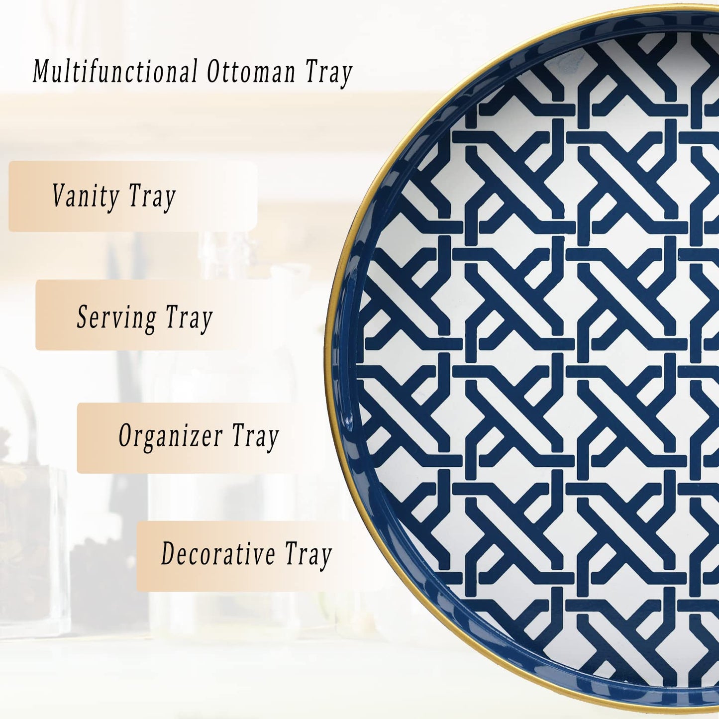 Spsyrine Round Decorative Tray, Plastic Serving Table Tray with Handles for Ottoman, Coffee Table, Bathroom, Kitchen, Living Room, White
