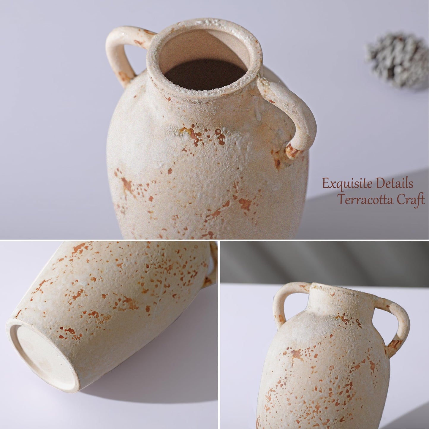 Terracotta Rustic Ceramic Vase with Handles, Washed Terra Cottar Decorative Pottery Flower Vase for Home Decor, Table, Living Room Decoration, Shelf Decor, Mantel, 9.5 Inch Vase