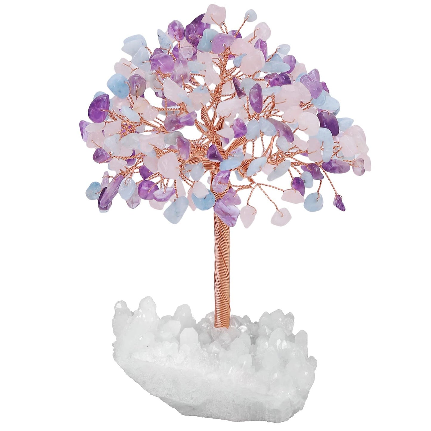 SUNYIK Handmade Amethyst Rose Quartz Aquamarine Money Tree Set on Rock Quartz Cluster Base, Wire Wrapped Tree of Life Polished Chip Stones Tree Decor Statue Home Office Window