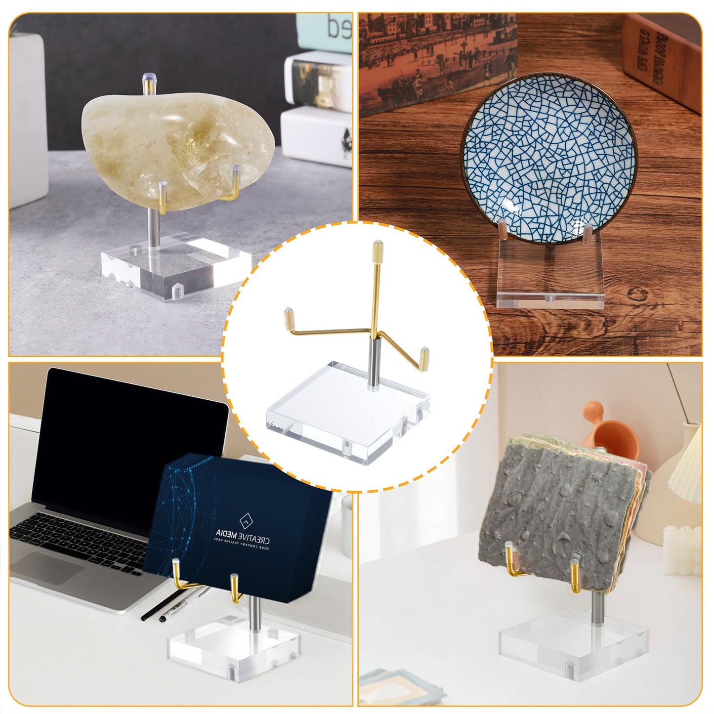 Nodaaiie 8Pcs Clear Acrylic Easel Display Stand with Adjustable Metal Arms Crystal Display Rock Gemstone Mineral Geode Fossil Coral Display Holder (2.4 x 2.4 x 3.8 Inch)