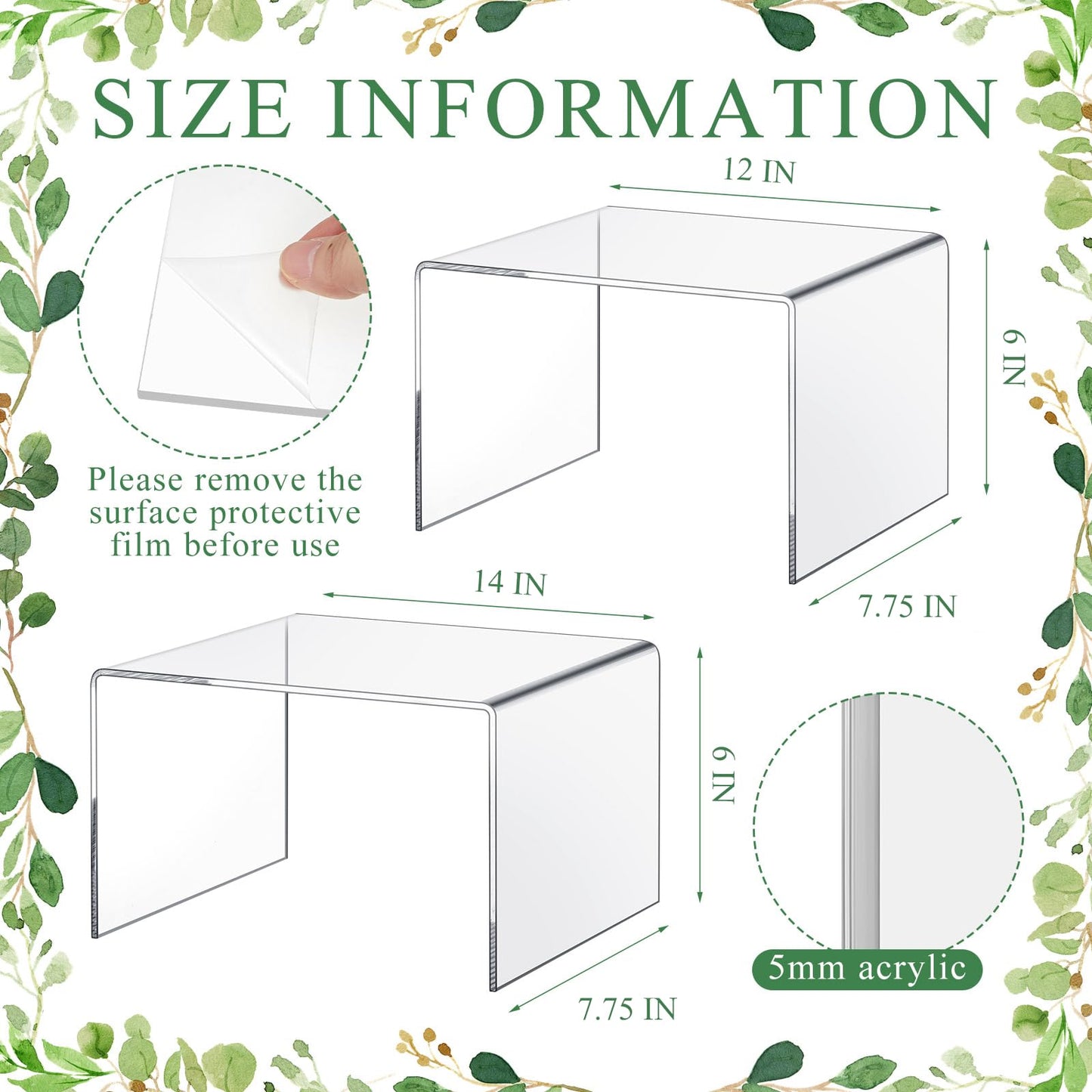 RattanView 2 Pcs 12 Inch, 14 Inch Large Acrylic Risers Display Stands 5 mm Thick Acrylic Shelf Riser Showcase for Collectibles Jewelry Cupcakes Food Figures Perfume Cabinet (Clear)