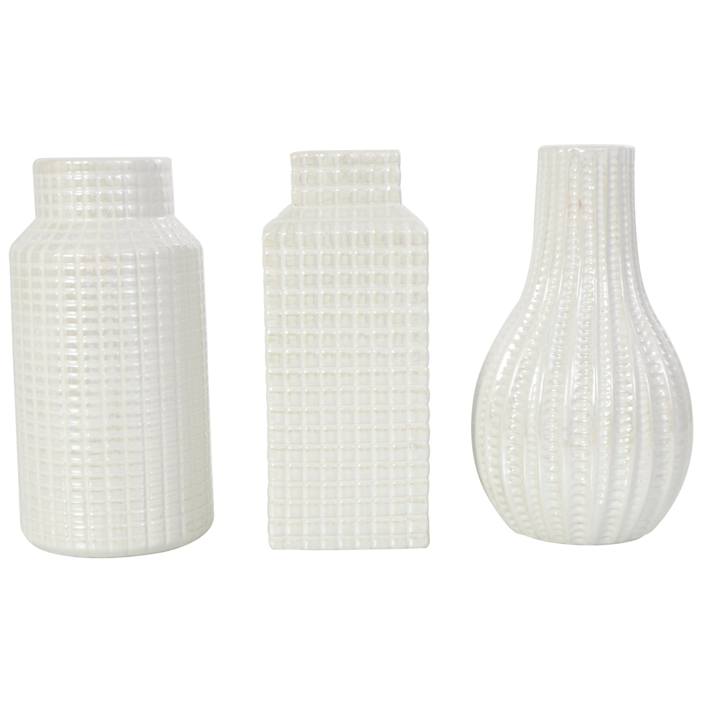 Deco 79 Ceramic Geometric Decorative Vase Dimensional Textured Centerpiece Vases with Varying Shapes and Grid Patterns, Set of 3 Flower Vases for Home Decoration 3" W, 8" H, Cream