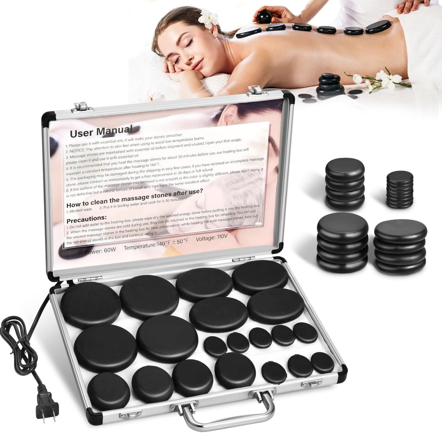 Granpay 20PCS Hot Stones for Massage with Warmer, Hot Stones Massage Set with Warmer Kit Basalt Hot Rocks Massage Stone for Spa Warming Therapy Pain Relief