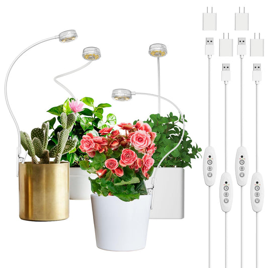 SANSI Grow Lights for Indoor Plants, ETL Listed Pot Clip LED Plant Lights for Indoor Growing, Full Spectrum, 4-Level Dimmable, Auto On Off 3 6 12 Hrs Timer for Small Plants, Garden White 5V 4-Pack