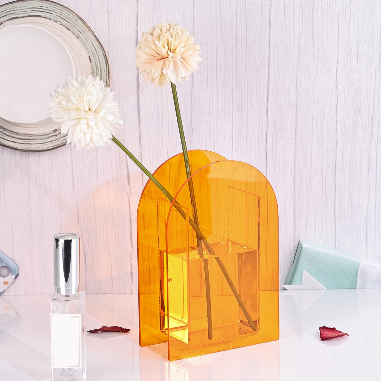 Orange Acrylic Geometric Wide Mouth Small Vase, Modern Flower Bud Centerpiece for Desk, Living Room Table, Office, Wedding