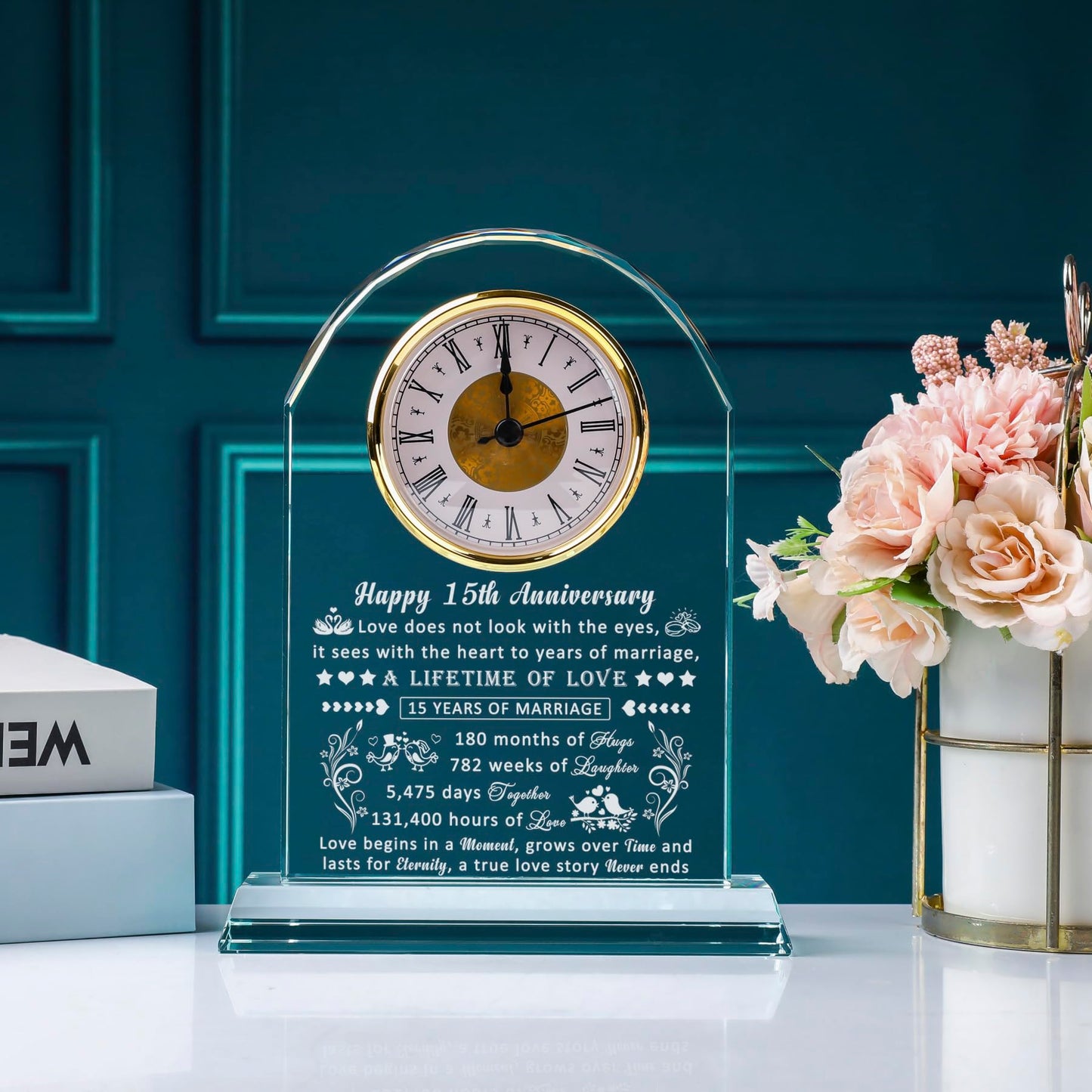 QIANRUNA 15 Year Anniversary Clock Gifts for Him Her, 15th Anniversary Romantic Gifts for Couple, 15 Year Crystal Anniversary Wedding Gifts for Wife Husband Women Men, 15 Years of Marriage Gifts