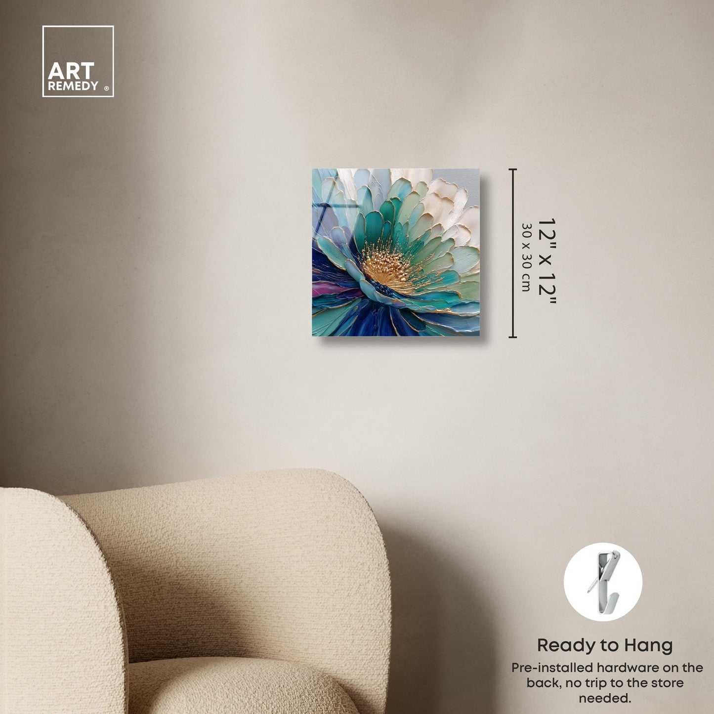 Sculpted Teal Bloom Acrylic Print Floral Wall Decor by Art Remedy, Ready to Hang, 12 x 12