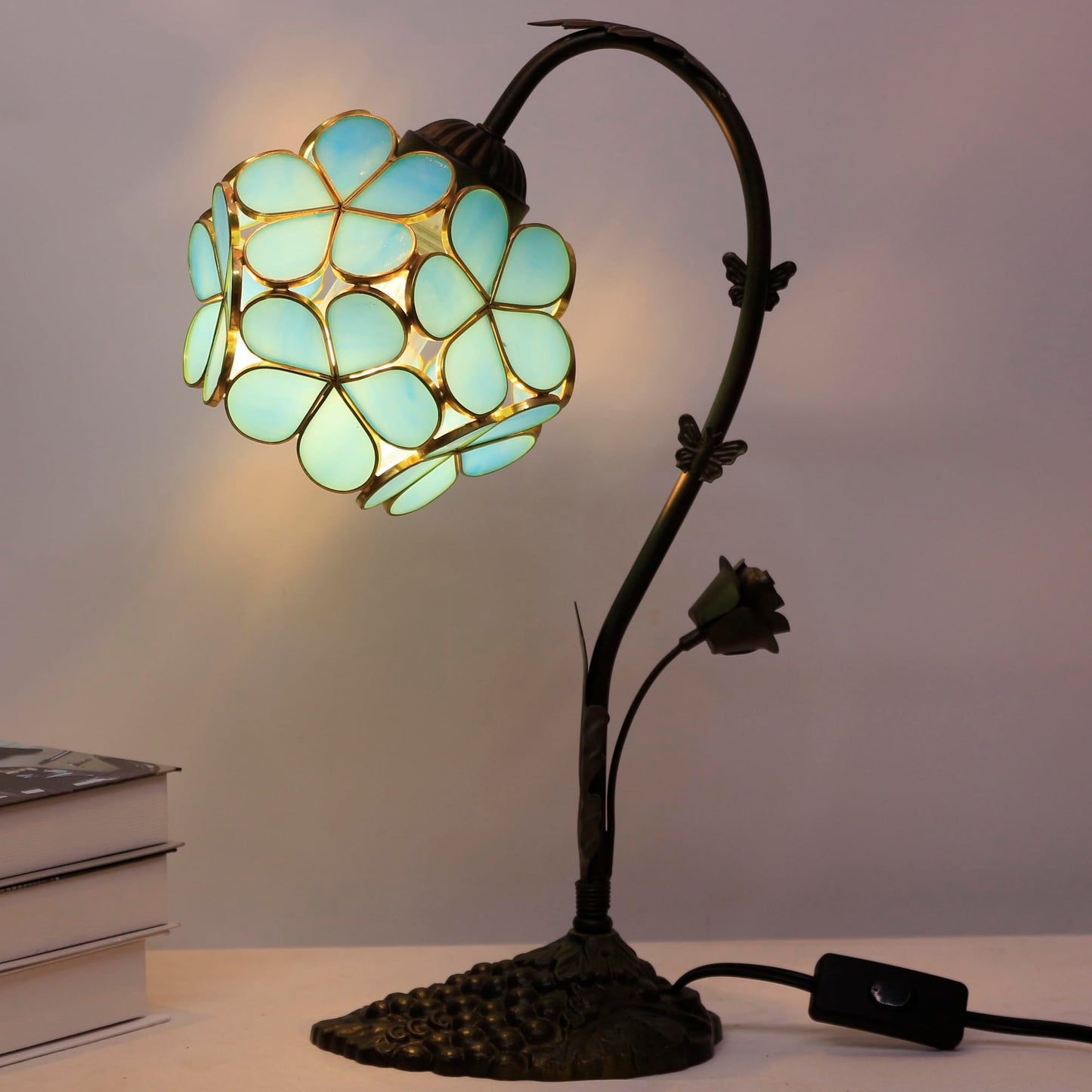 L-Juicwe Tiffany Stained Glass Table Lamp Blue Flower Petal Style 10×6×16 Inches Bedroom Office Reading Light