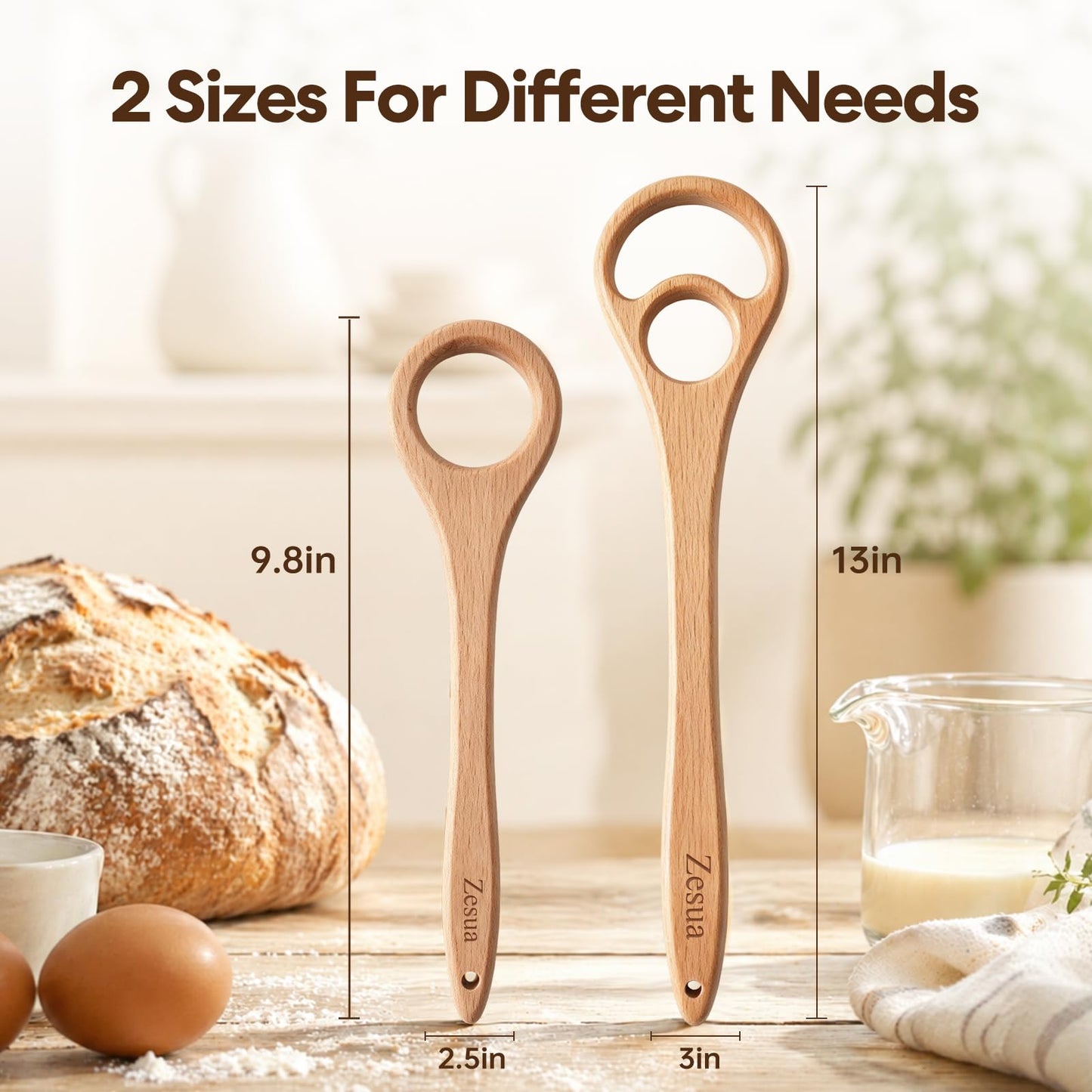 Set of 2 Wooden Dough Whisk, 13'' and 9.8'' One-Piece Solid Beech Wood Danish Dough Whisk for Sourdough, Bread, Pizza Pastry Mixing, Easy Clean Wooden Dough Mixer for Baking