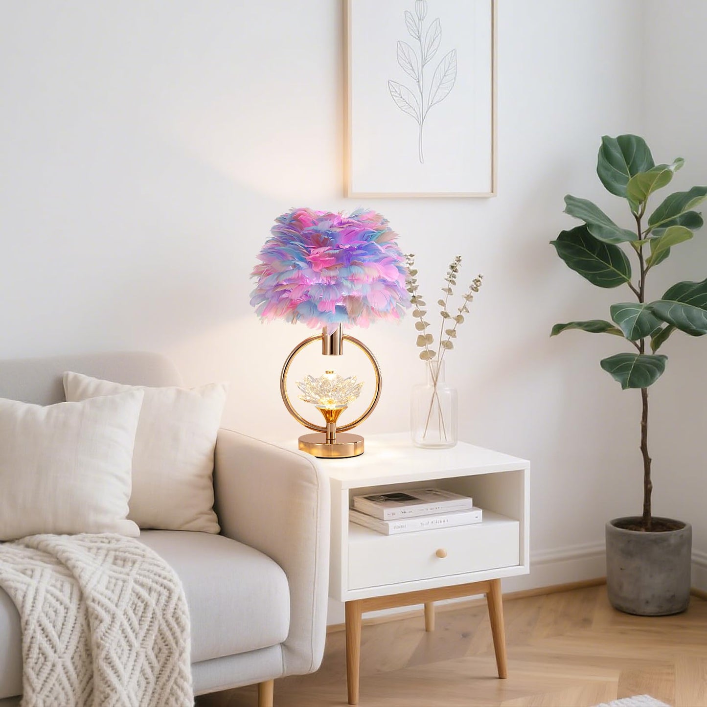 ZYLEISENBAO Colorful Feather Lamp 17IN Unique Crystal Feather Bedside Nightstand Lamp Nordic Romantic Desk Light Fluffy Table Lamp for Girl Bedroom Wedding Christmas Gift Deco Living Room Entry