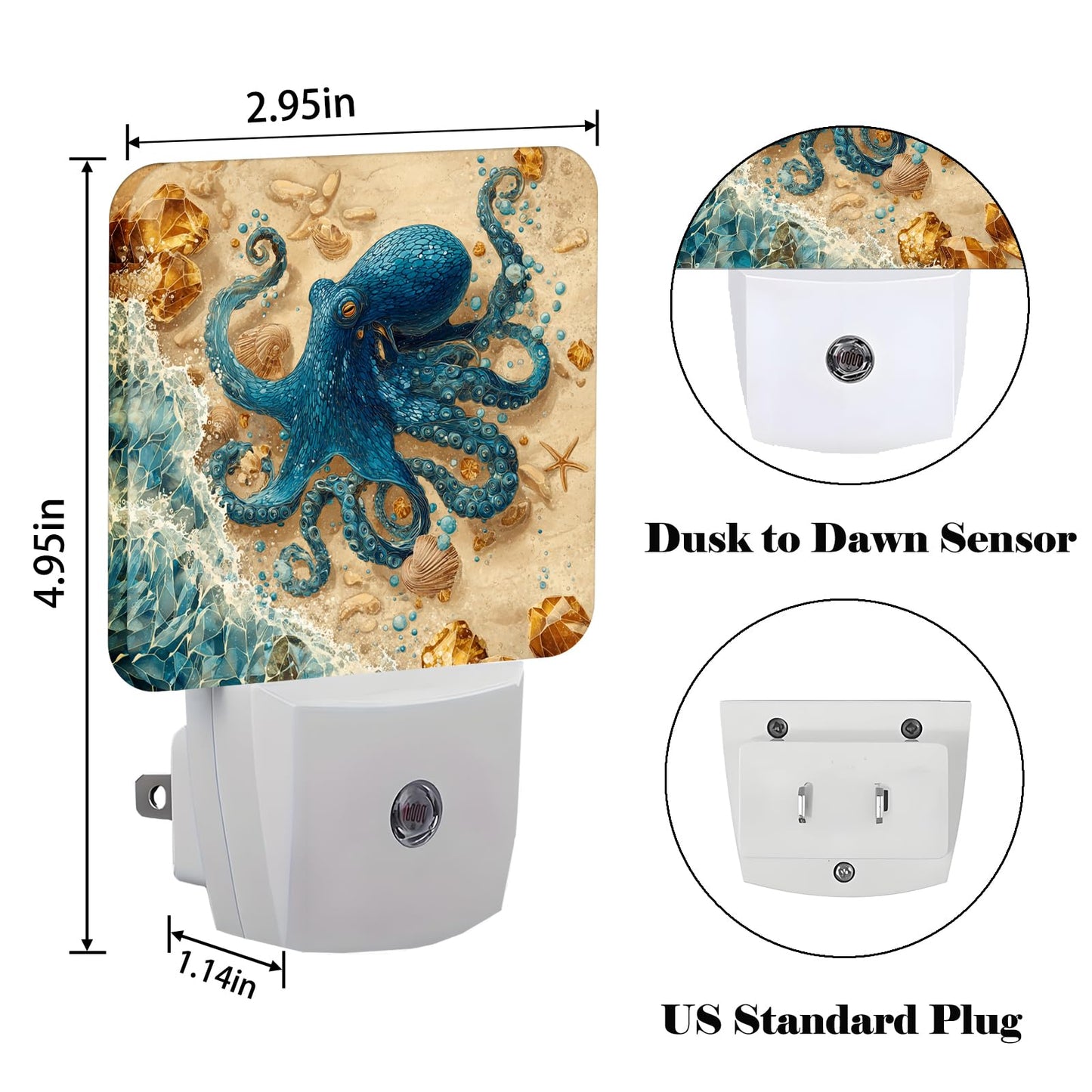 FSHVQKD Octopus on Beach Night Light,Plug-in Night Lights with Dusk-to-Dawn Sensor for Stairway,Hallway,Bedroom Sleep Friendly Ideal for Women/Girls/Boys Gift,0.5w