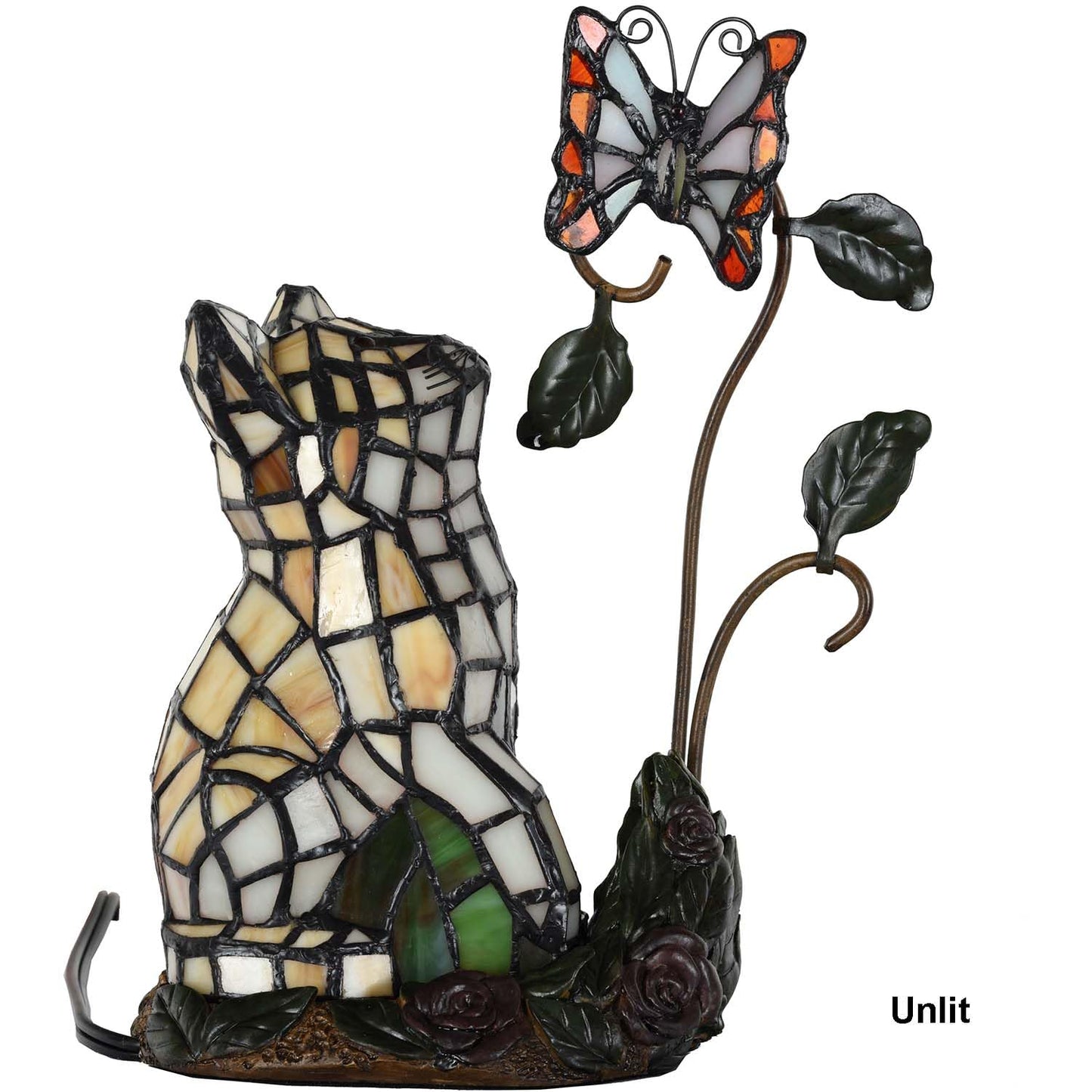 Bieye L10891 Tiffany-Style Stained Glass Cat Accent Table Lamp - Adorable Orange Cat Watching a Butterfly - 10-Inch Tall