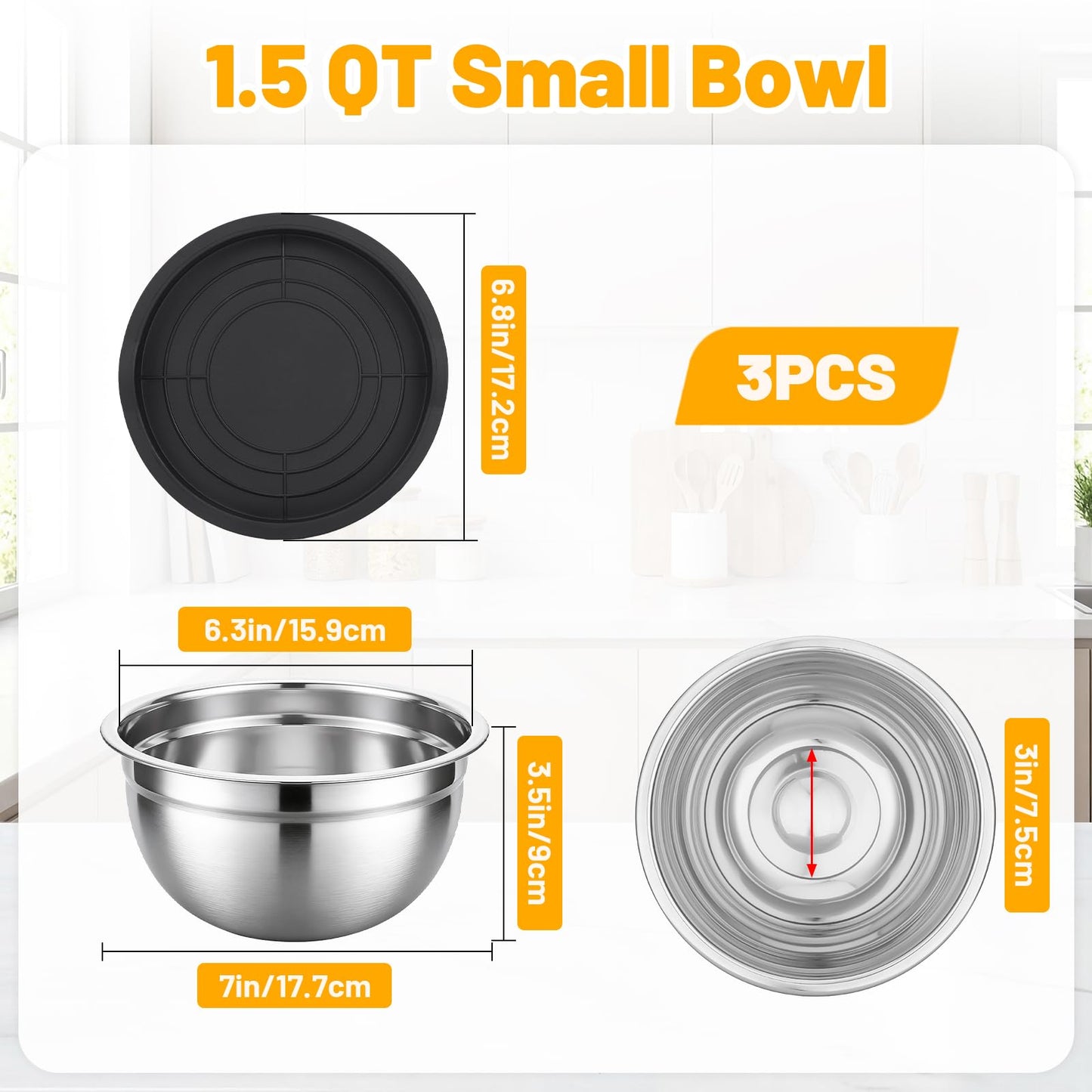 Beasea Mixing Bowls with Lids Set of 3, 1.5 QT Stackable Stainless Steel Mixing Bowls with Black Lids for Baking, Metal Nesting Bowl for Kitchen, Meal Prepping, Cooking and Serving