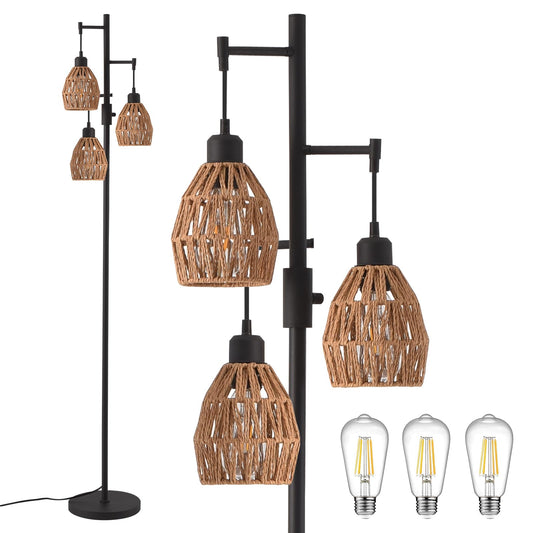 Lumenfox Boho Rattan Floor Lamp-Standing Lamps for Living Room 70'' Dimmable Floor Lamp with Cage Shade, Industrial Farmhouse Floor Lamps Rustic Floor Lamps Vintage Lamp for Living Room Bedroom Office