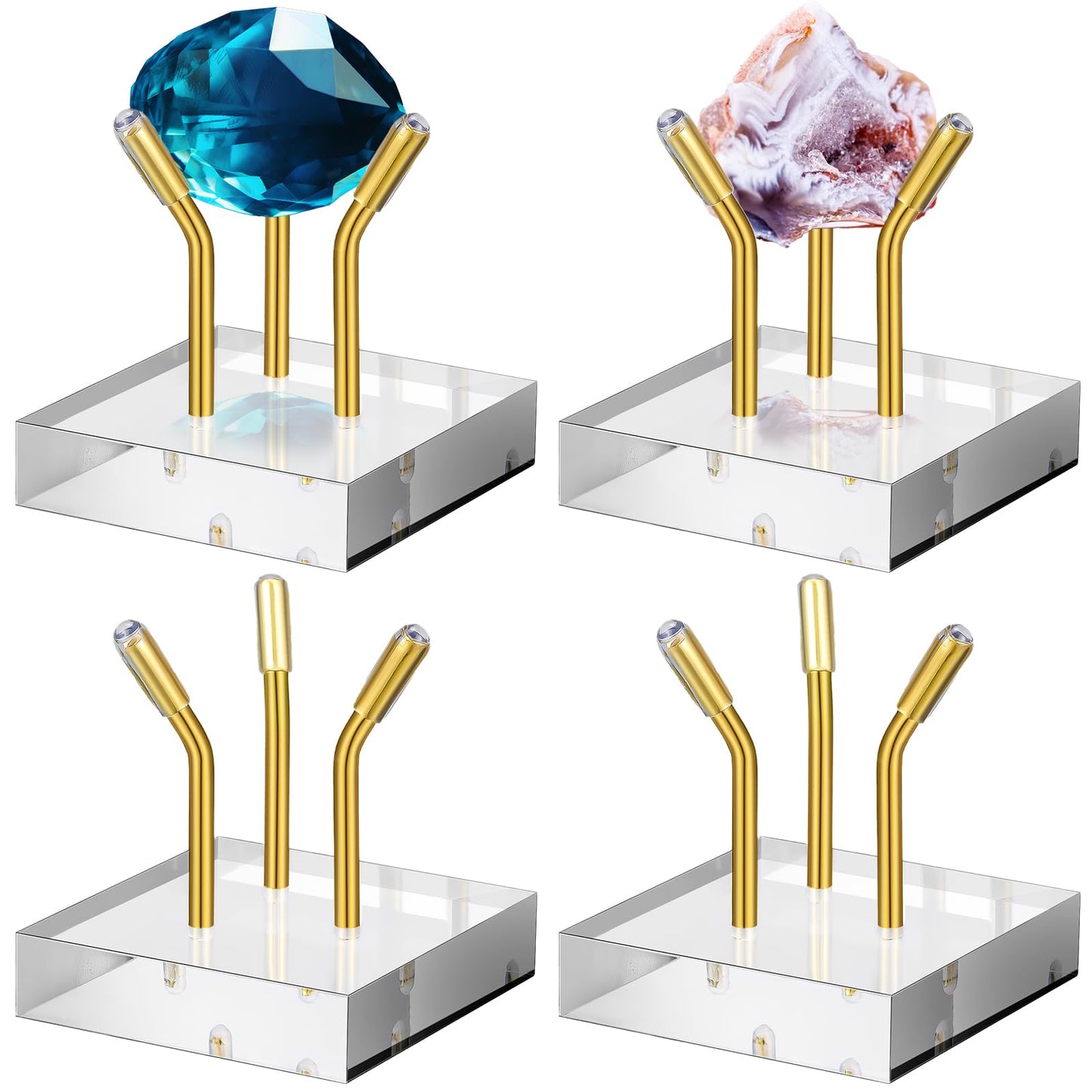 Weysat 4 Pack Clear Acrylic Display Stand, Metal 3 Peg Rock Display Easel Stands for Fossil Coral Crystal Geodes Rock Mineral Agate Small Collectibles Acrylic Holder (2”x2”x2”,Gold)