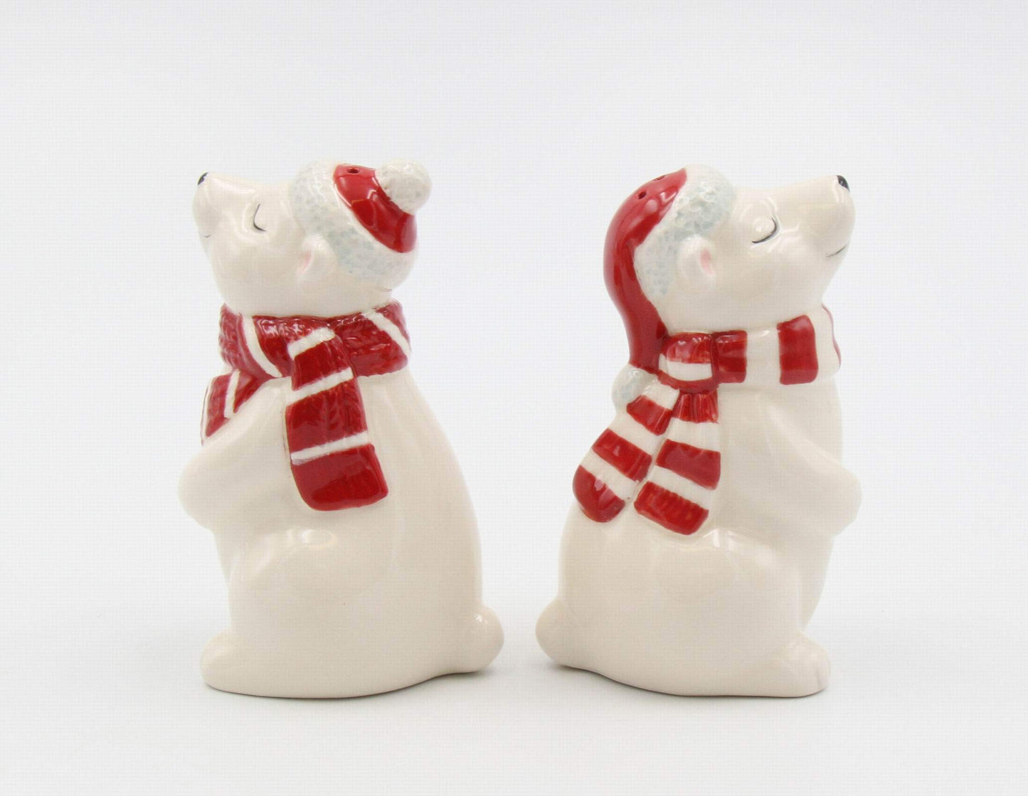 Fine Ceramic Christmas Holidays Polar Bear Couple Wearing Santa's Hat and Scarf Salt & Pepper Shakers Set, 3-5/8" H
