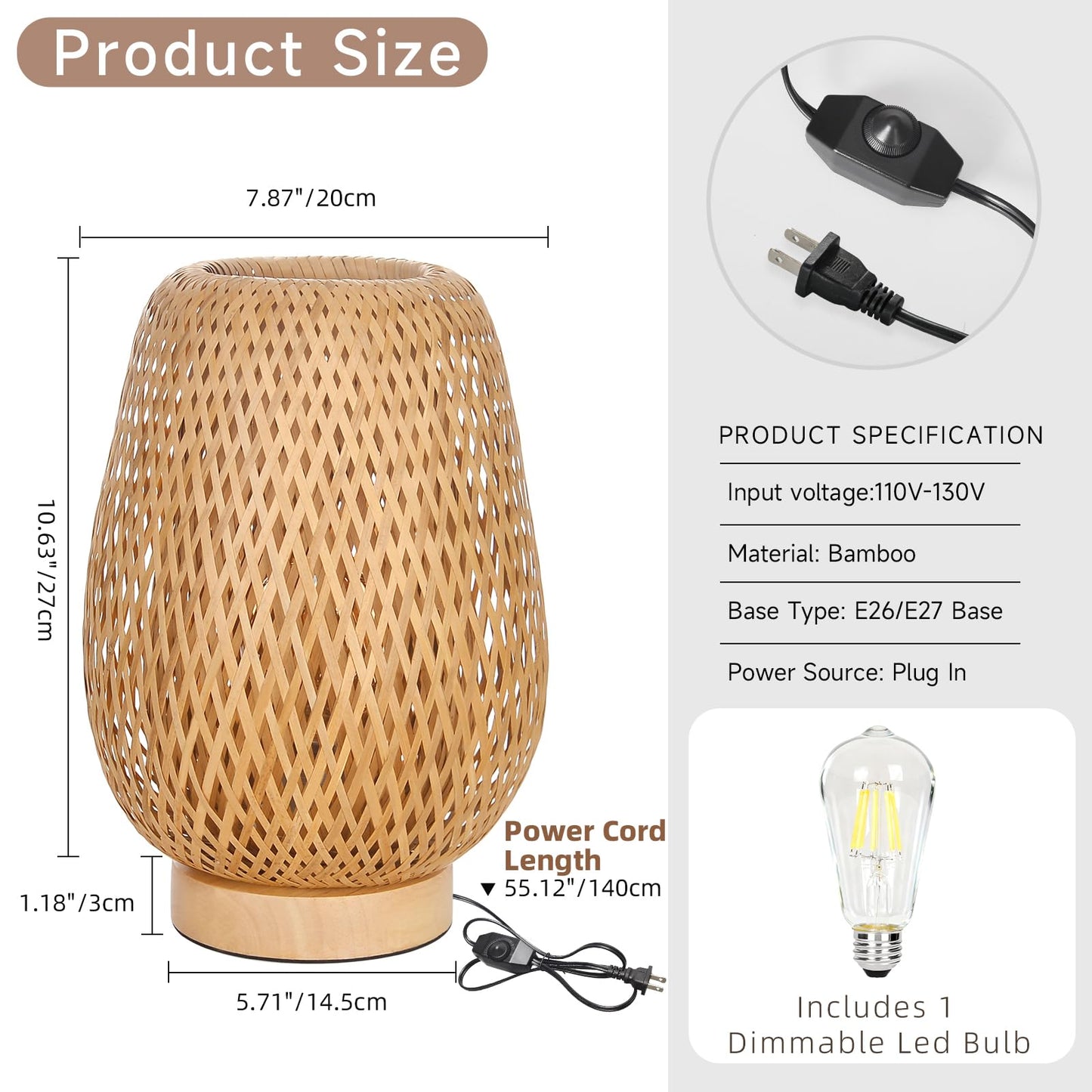 Hodevimall Boho Rattan Table Lamp, Stepless Dimmable Small Beside Lamp, Vintage Nature Wicker Wooden Nightstand Boho Bamboo Woven End Table Lamps for Bedroom Living Room Desk Kids Room
