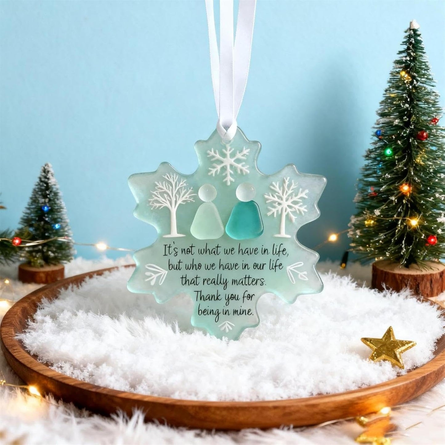 Friendship Snowflake Keepsake Ornament, Sea Glass Friendship Decor, Christmas Tree Seaglass Heart-Shaped Hanging Decorations for Best Friends, Friendsgiving Gifts for Bestie(2pcs A)