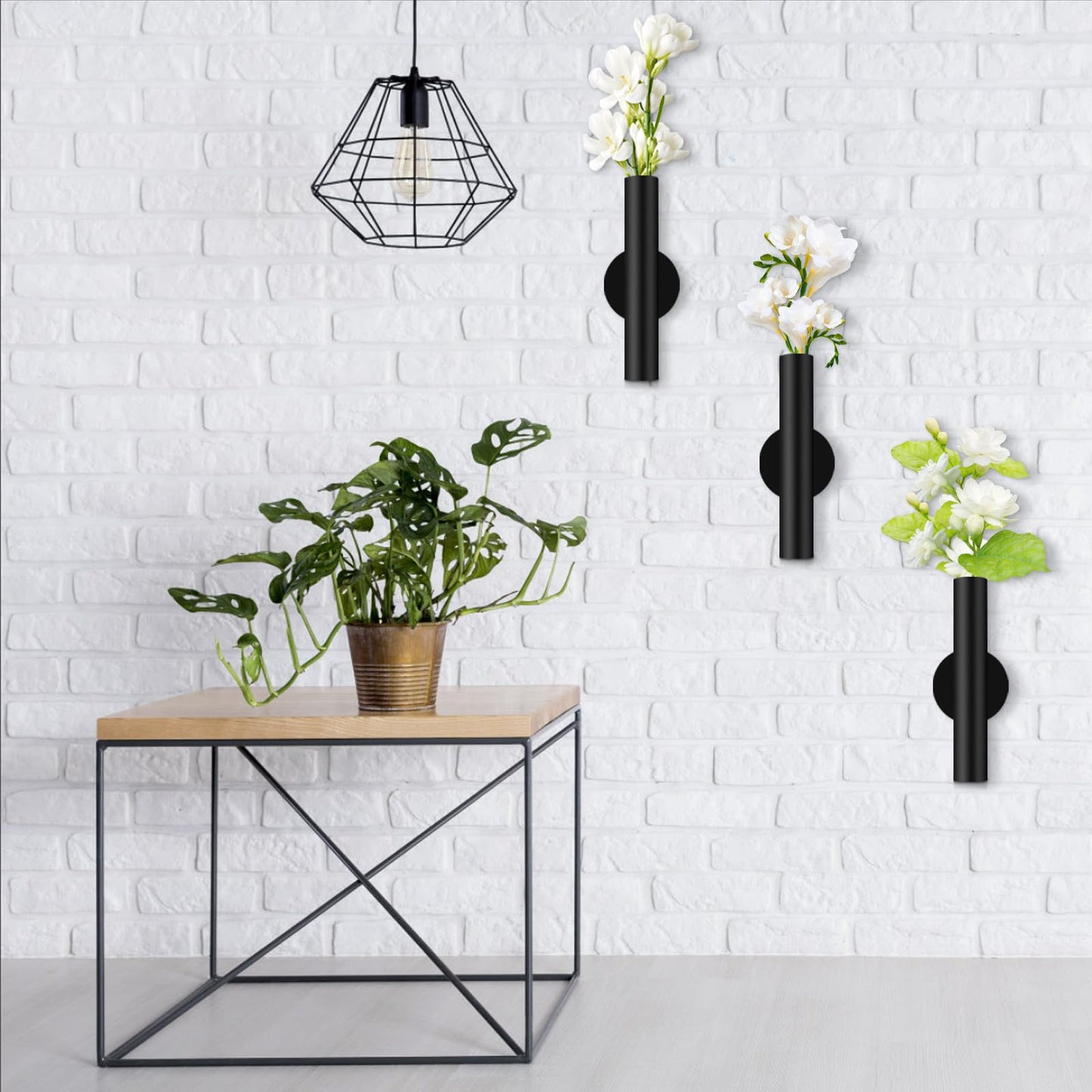 3 Pcs Wall Mounted Vases Wall Vases for Decor Dried Flower Wall Decor Flower Wall Sconce Black Metal Flower Vase with Sticker for Home Office Flower Display Decoration (Black)